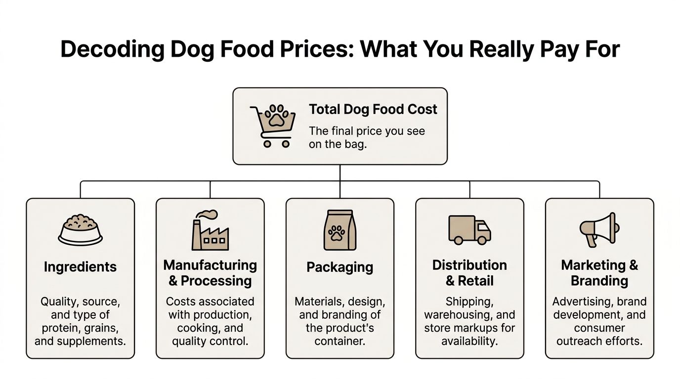 A diagram breaking down the factors that determine the final retail cost of dog food products.