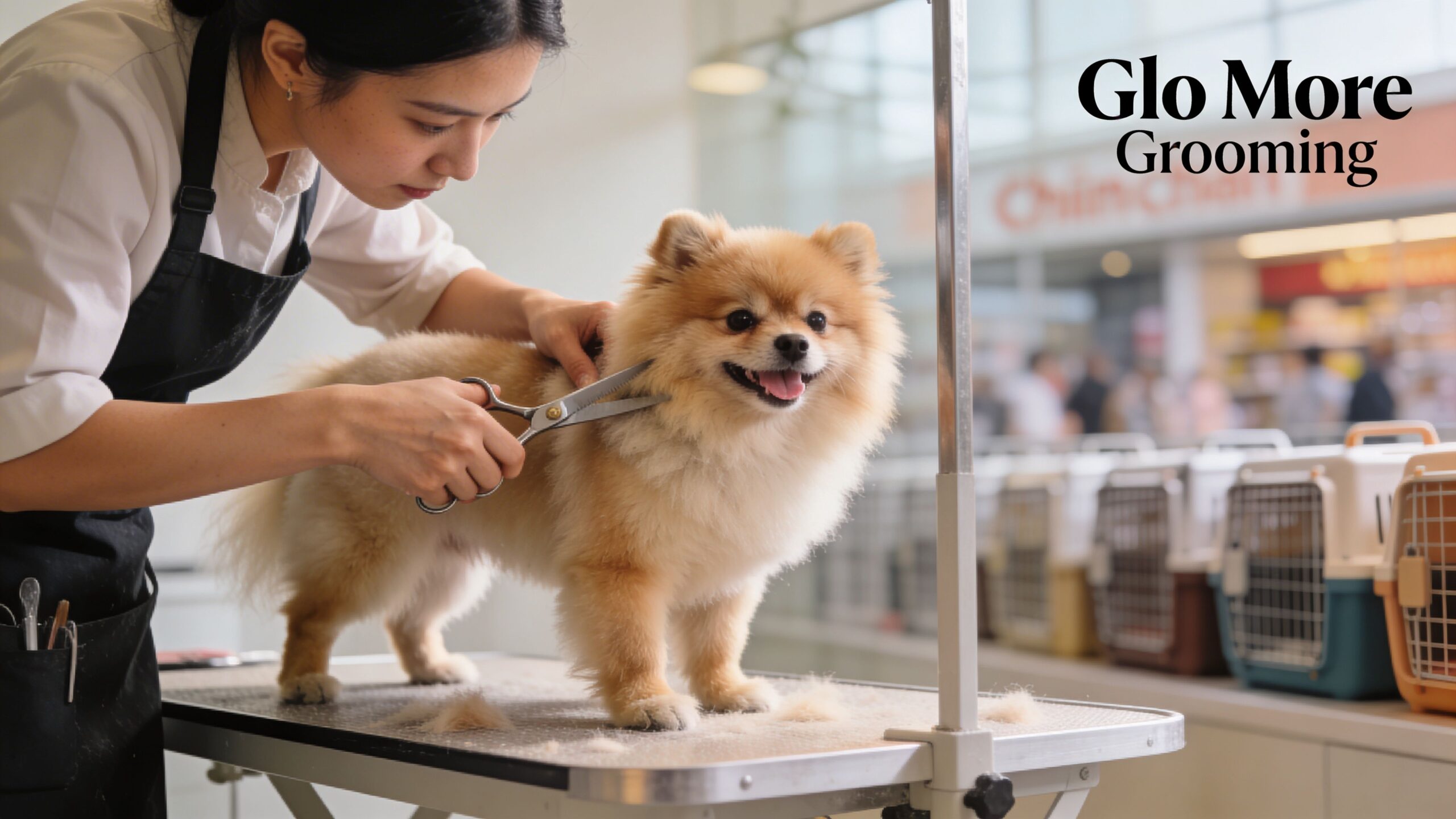 A professional groomer carefully trims the fluffy fur of a small Pomeranian dog on a grooming table.
