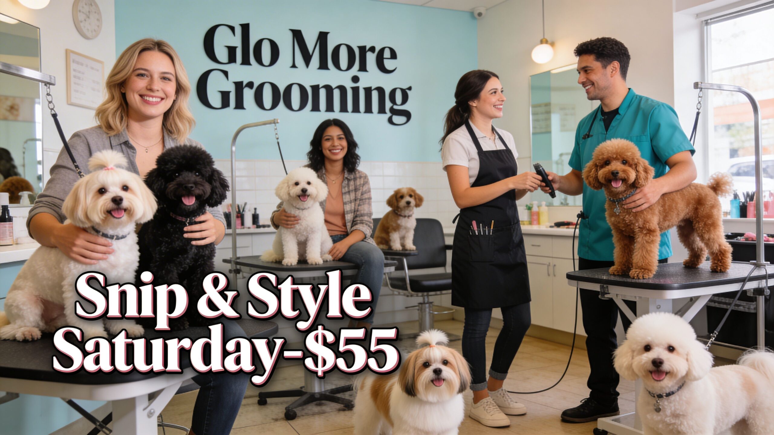 Professional groomers working with various happy small dogs at a pet grooming salon shop.