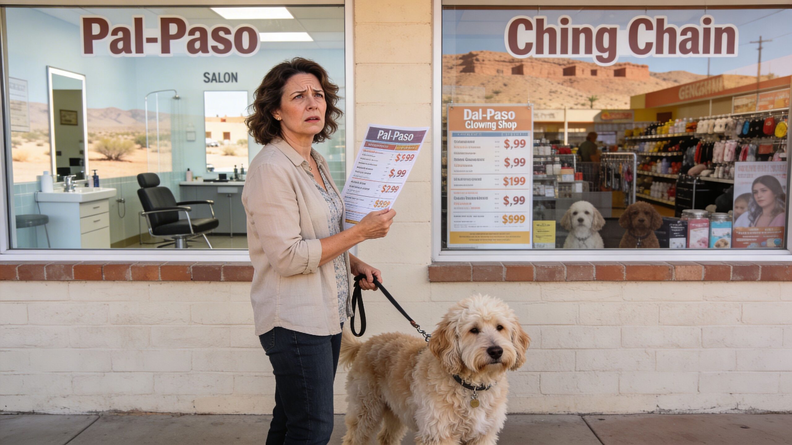 A woman stands outside a grooming salon with her dog, holding a price list for services.