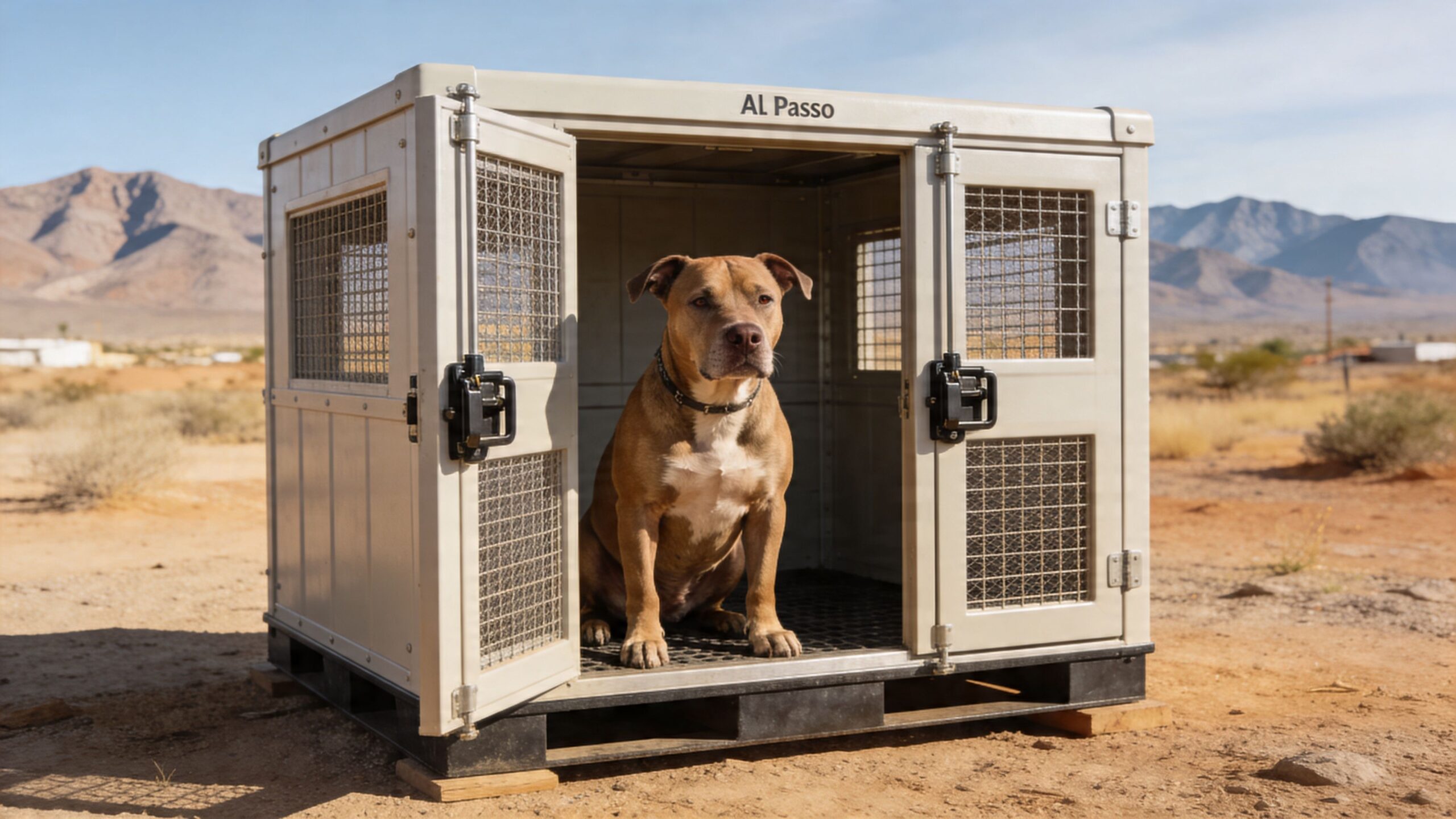 A sturdy tan pet enclosure holding a brown pitbull dog in a dry desert landscape setting.
