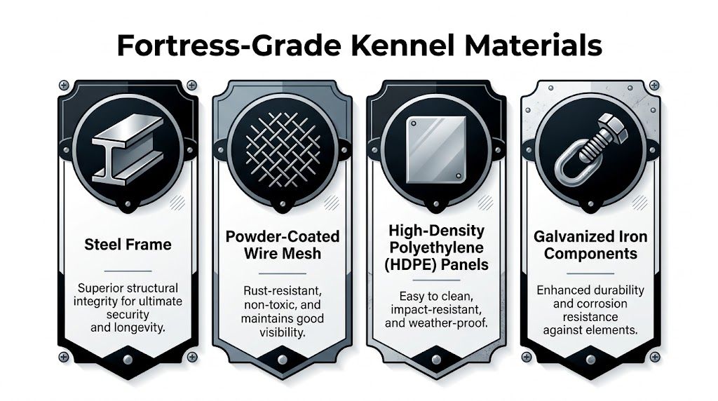 An infographic showing four high-durability material types used for constructing secure fortress-grade heavy-duty dog kennels.
