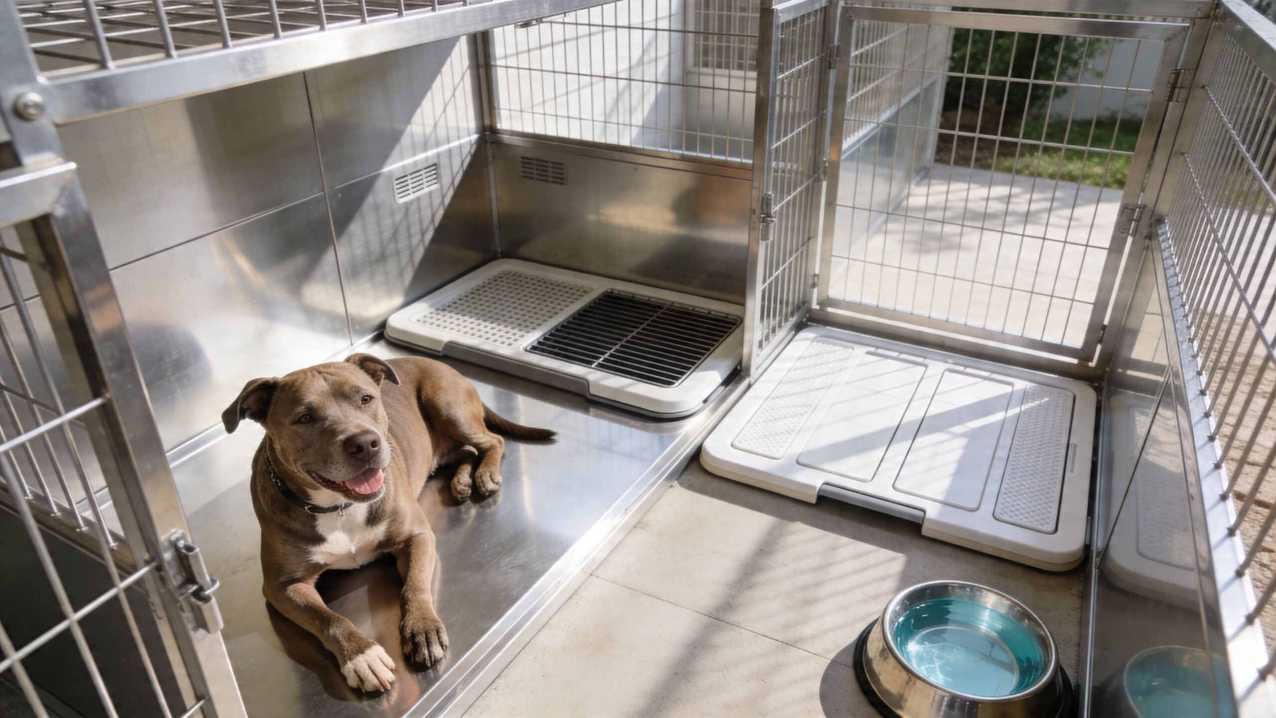 A friendly brown pitbull dog rests comfortably inside a clean, modern stainless steel kennel enclosure.