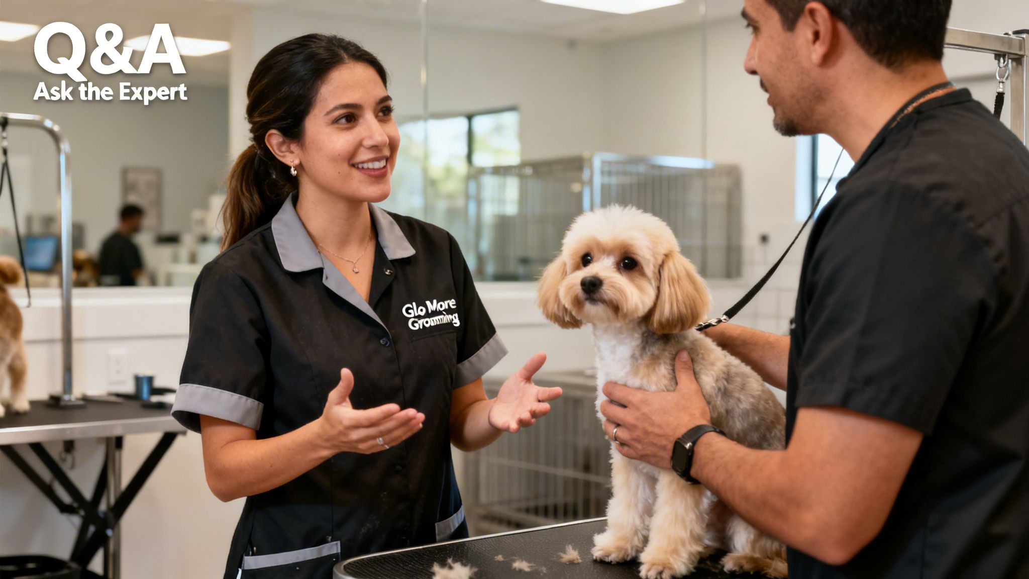 A female pet groomer speaking to a man holding a small light-colored dog on a grooming table.