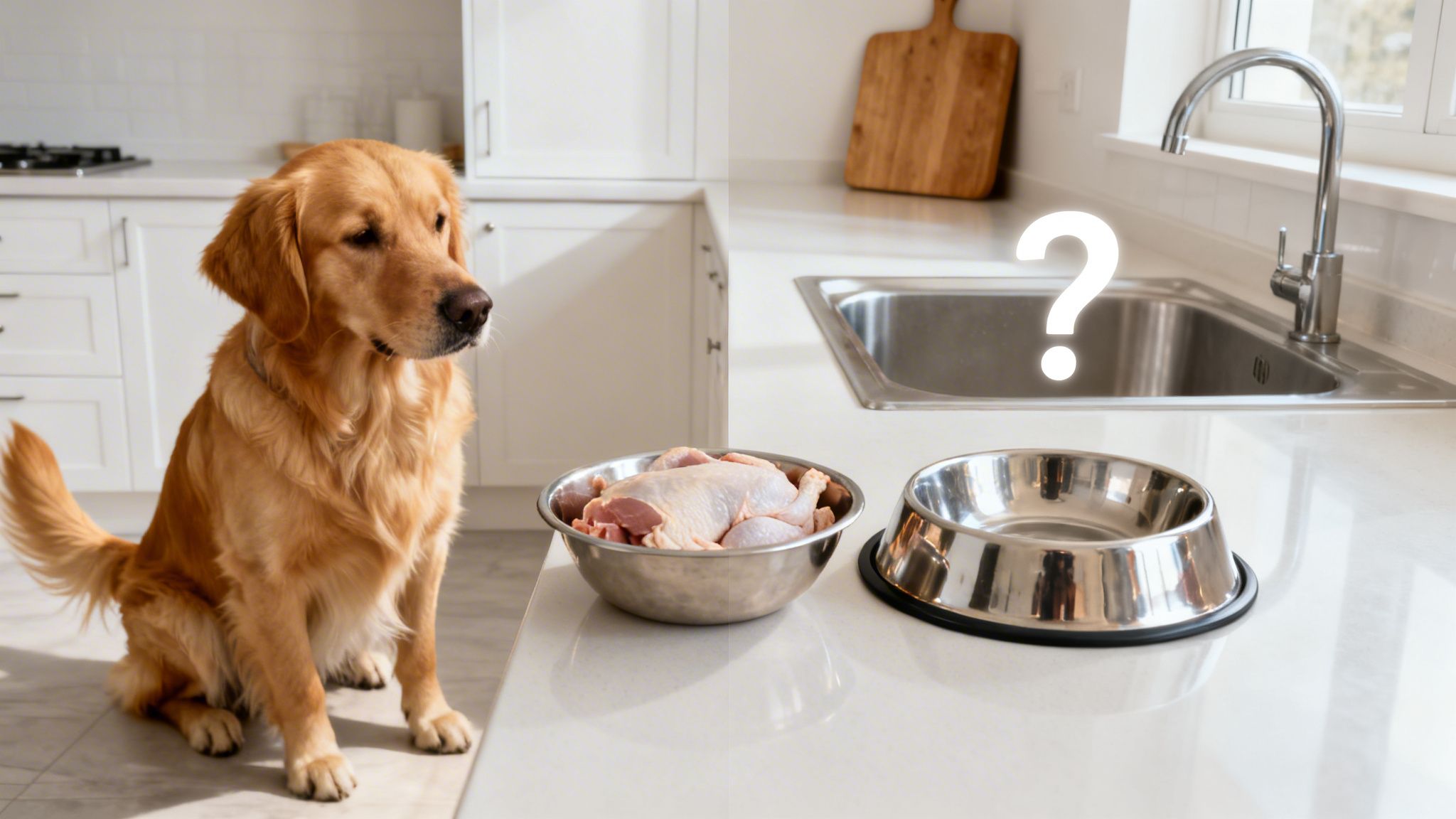 A golden retriever sitting in a kitchen next to a bowl of raw chicken on the counter.