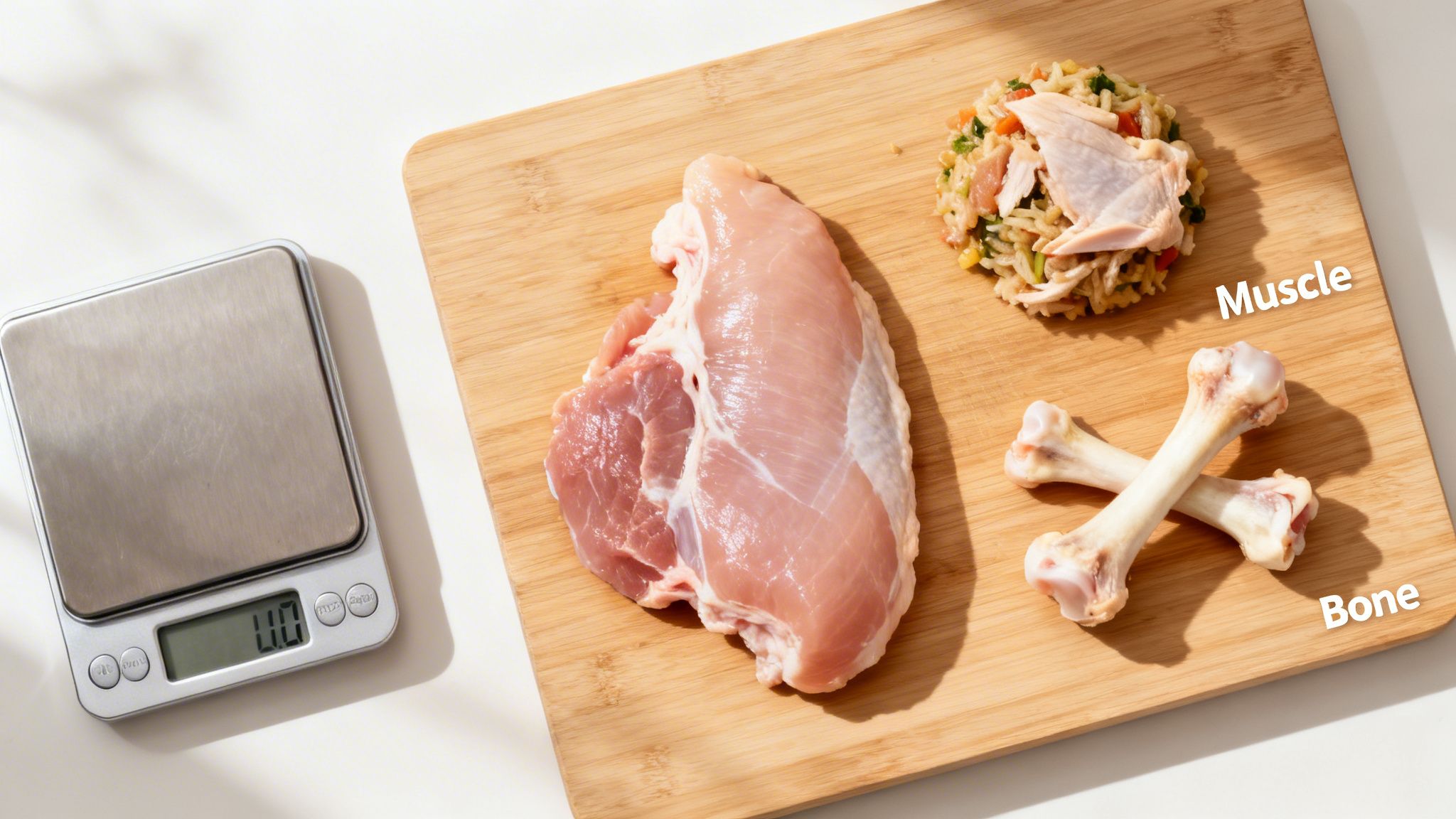 A raw chicken breast, a portion of chicken with rice, and two clean bones on a wooden board.