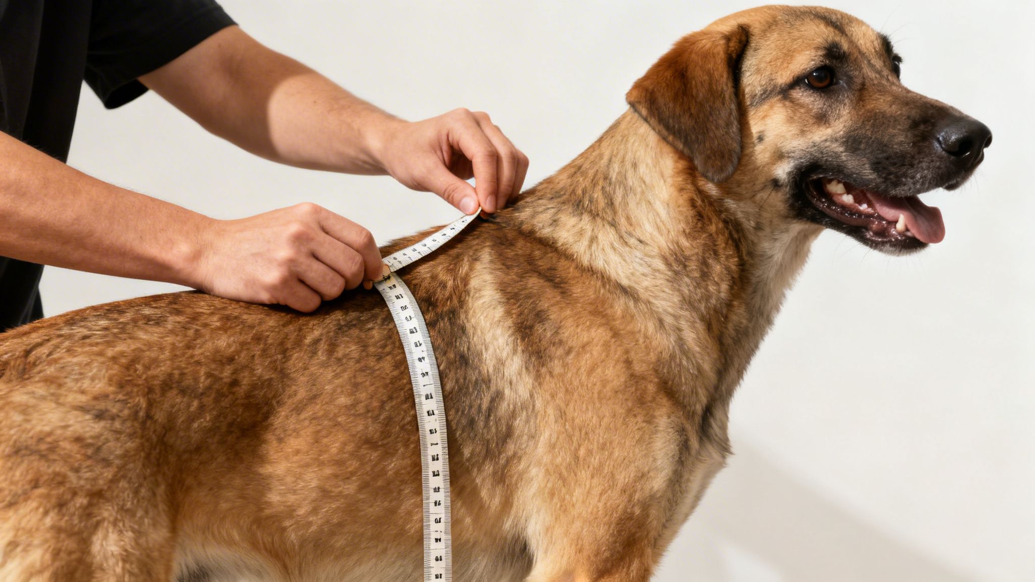 A person using a measuring tape to determine the correct size for a brown dog