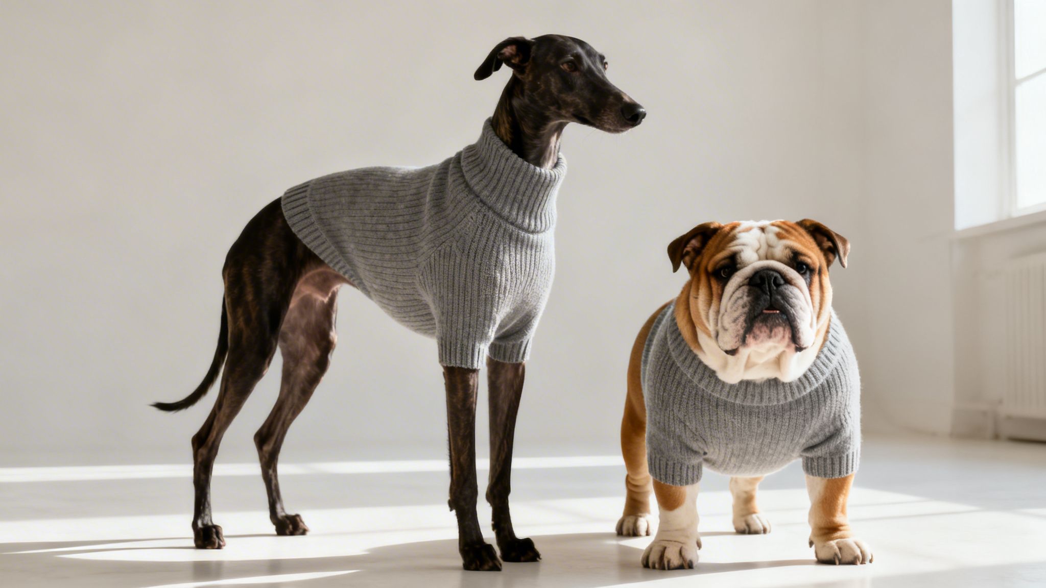 A slim greyhound and a stout bulldog standing together, both wearing matching light grey knitted sweaters.