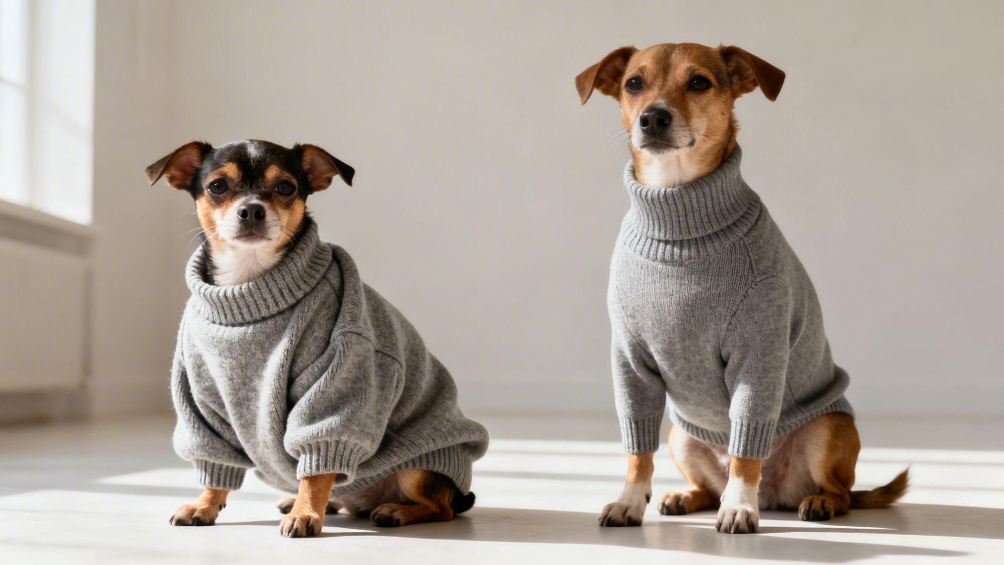 Two small dogs wearing matching grey knitted turtleneck sweaters sitting together on a bright floor.