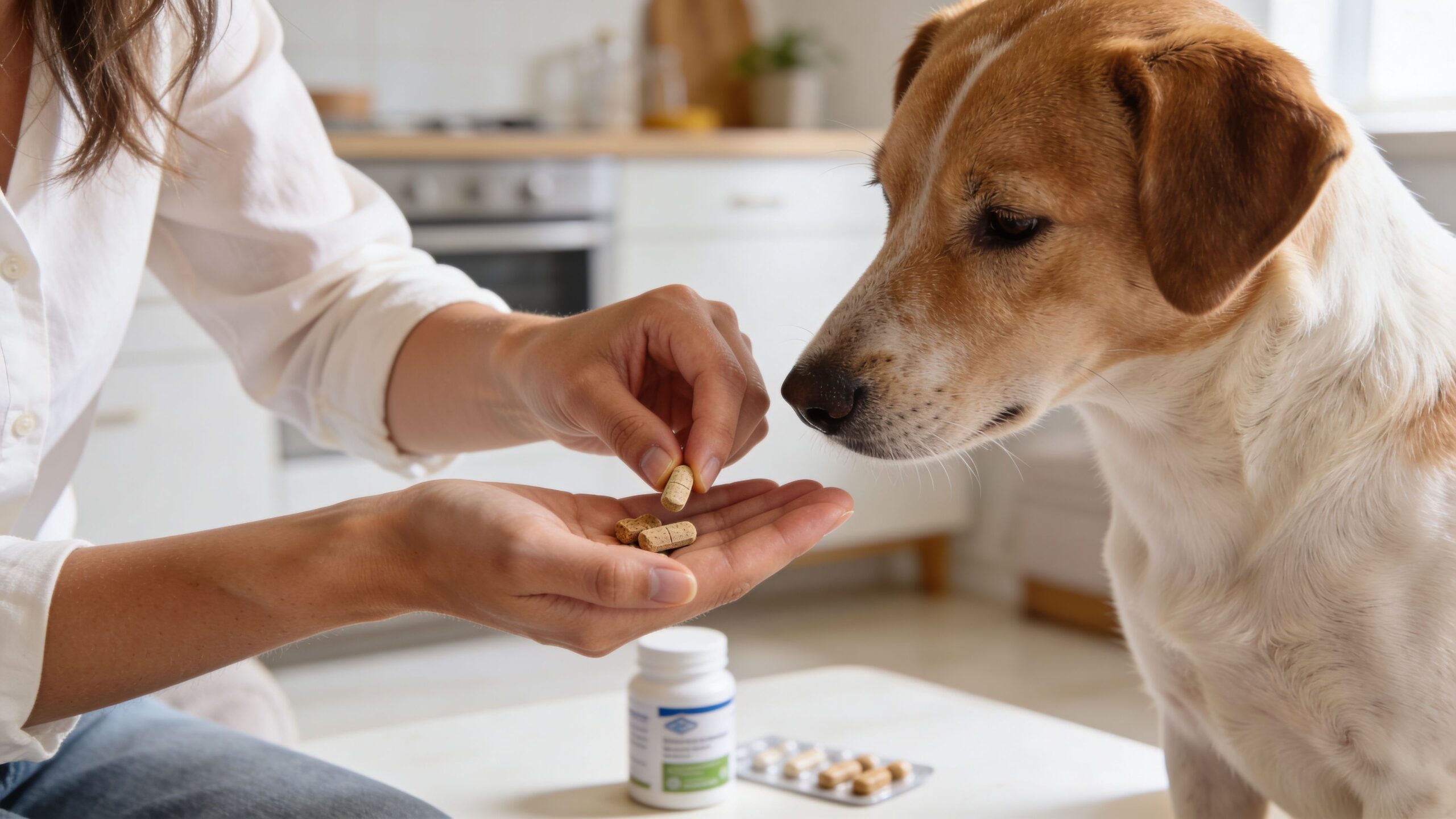 A person holding pills for a dog in a kitchen, preparing to give medicine to their pet.