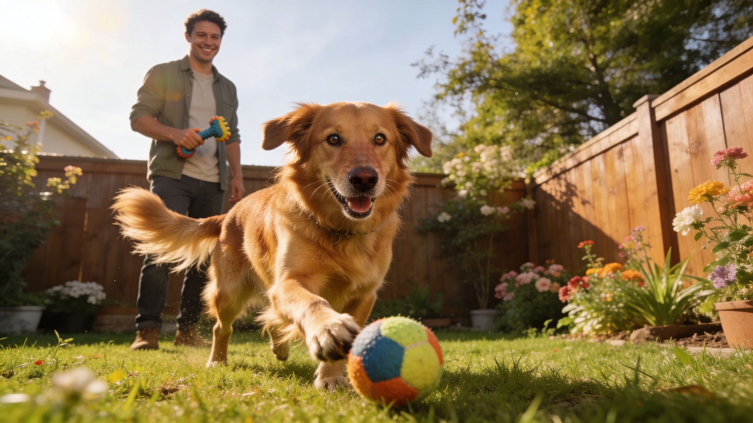 A happy dog playing with a colorful ball in a sunlit backyard with its owner nearby.