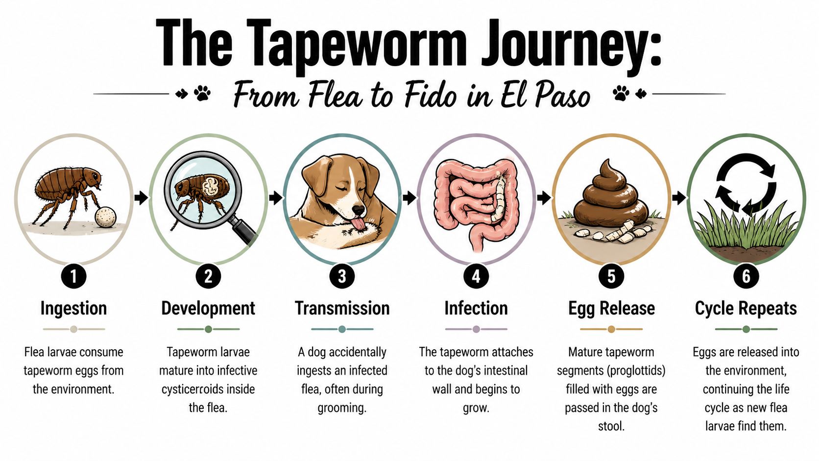 An infographic illustrating the six stages of the tapeworm life cycle in dogs and fleas.