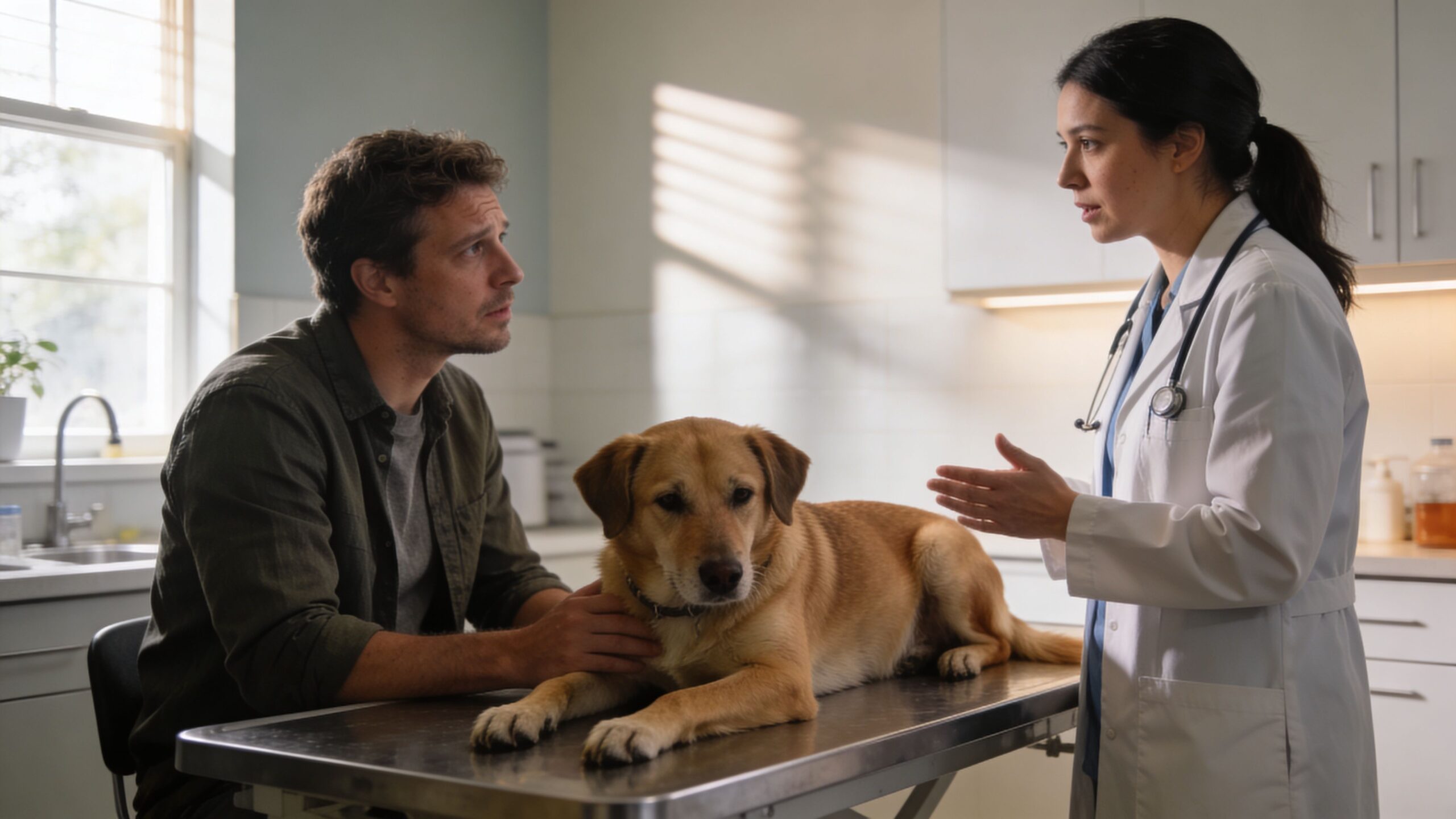 A worried man listens to a veterinarian explaining treatment options for his dog on an examination table.