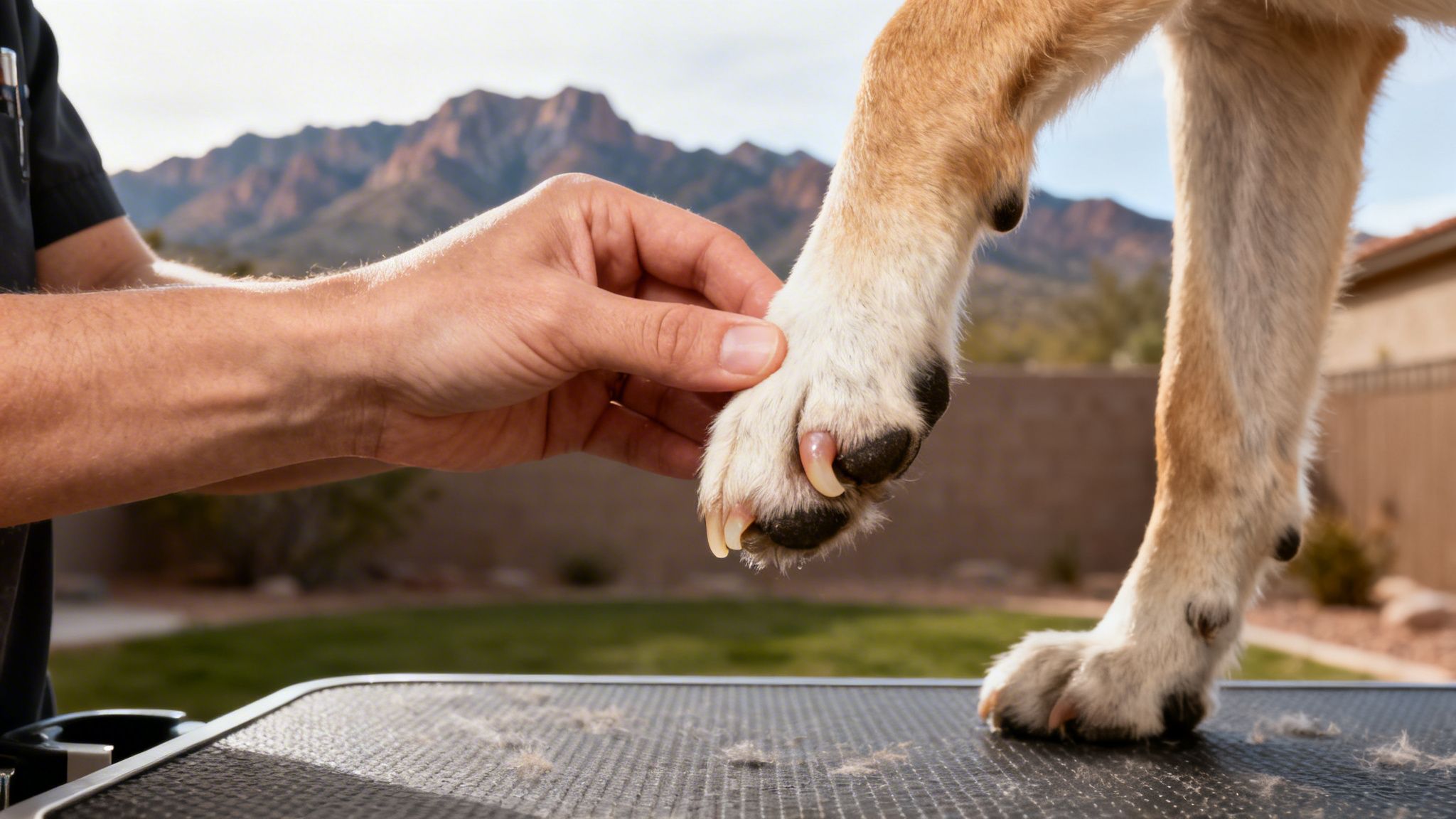 Close-up of a person holding a dog's paw with a long dew claw, ready for trimming.