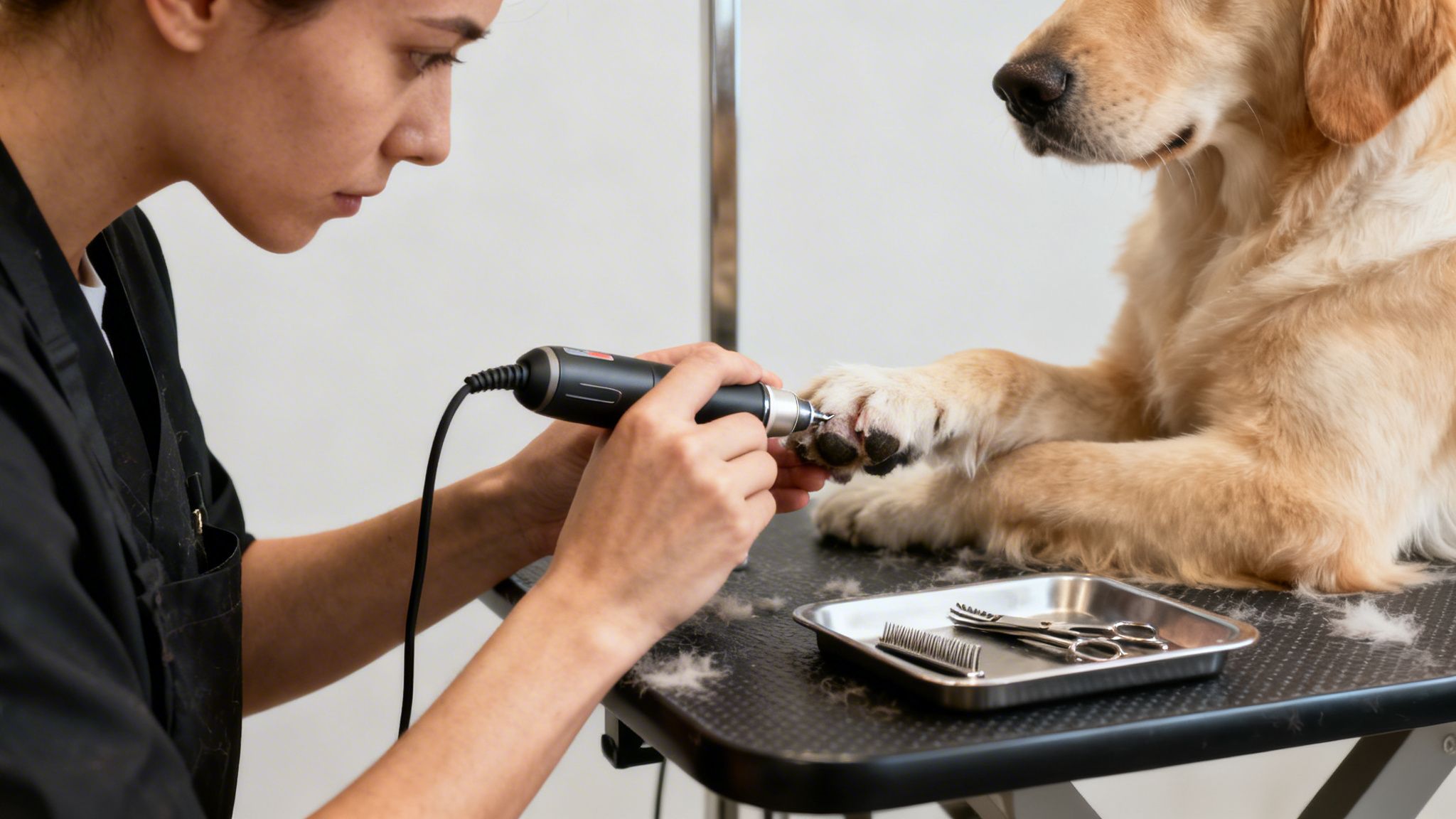 A groomer uses an electric tool to trim the paw of a golden retriever dog.