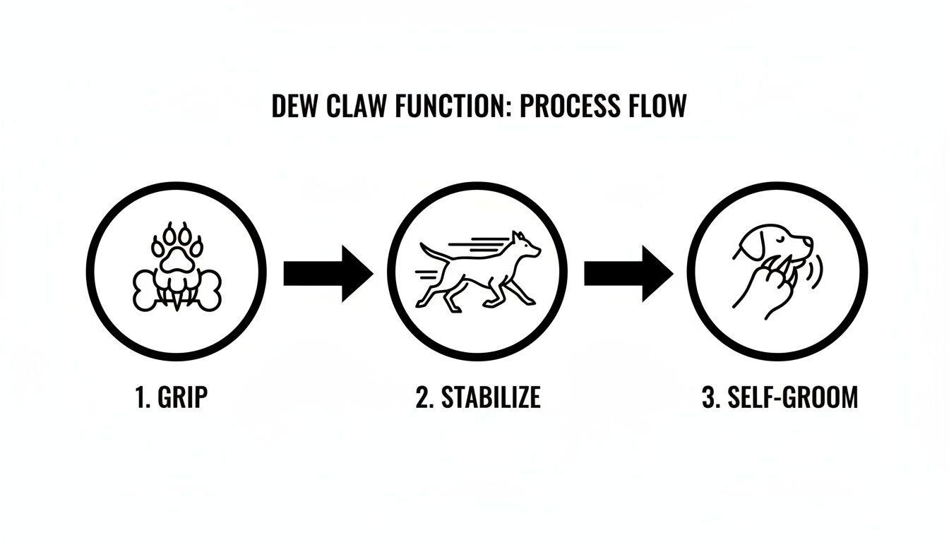 A diagram illustrating the three functions of a dog's dew claw: grip, stabilize, and self-groom.
