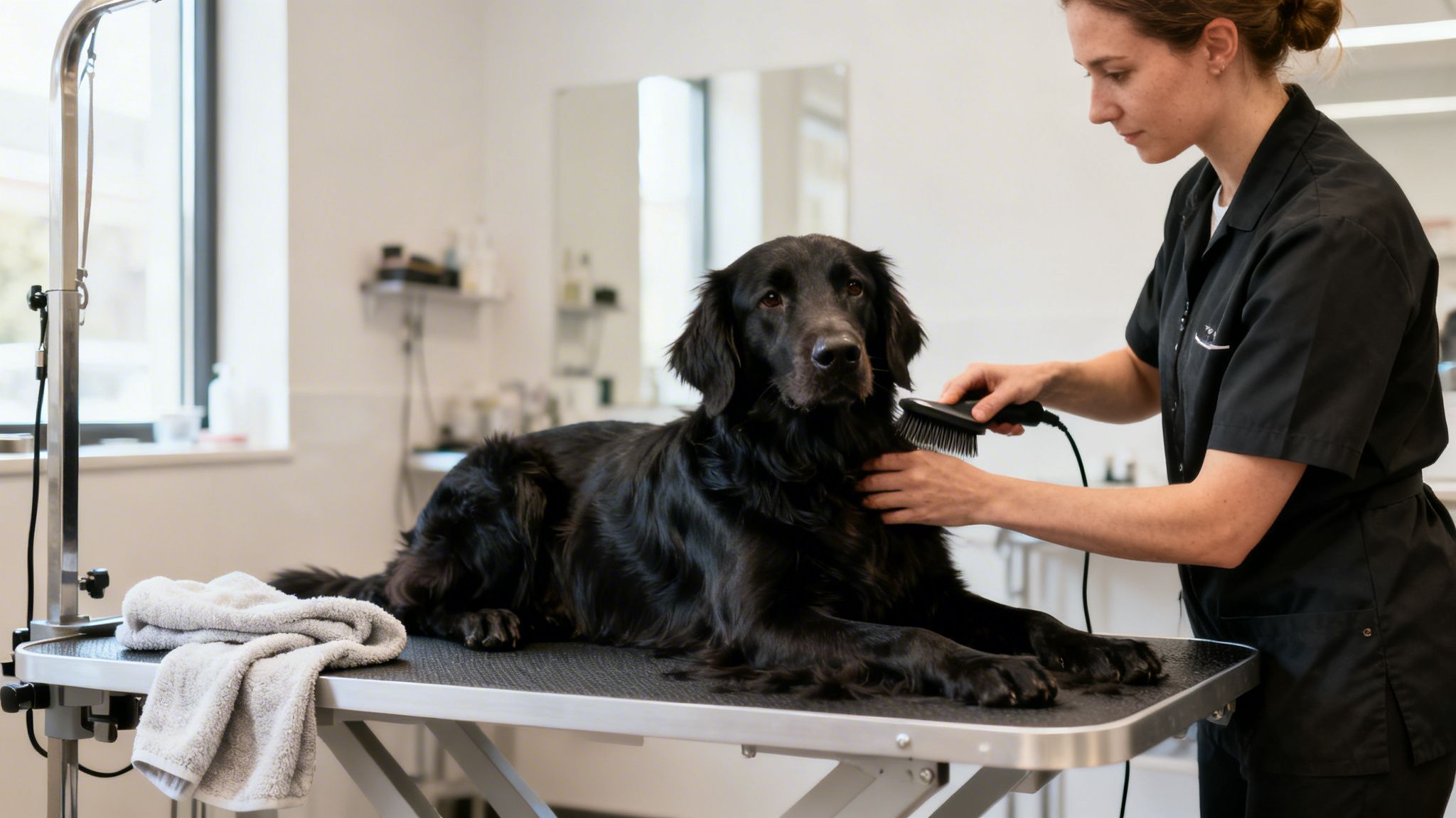 A professional groomer brushes a black flat-coated retriever mix on a grooming table.