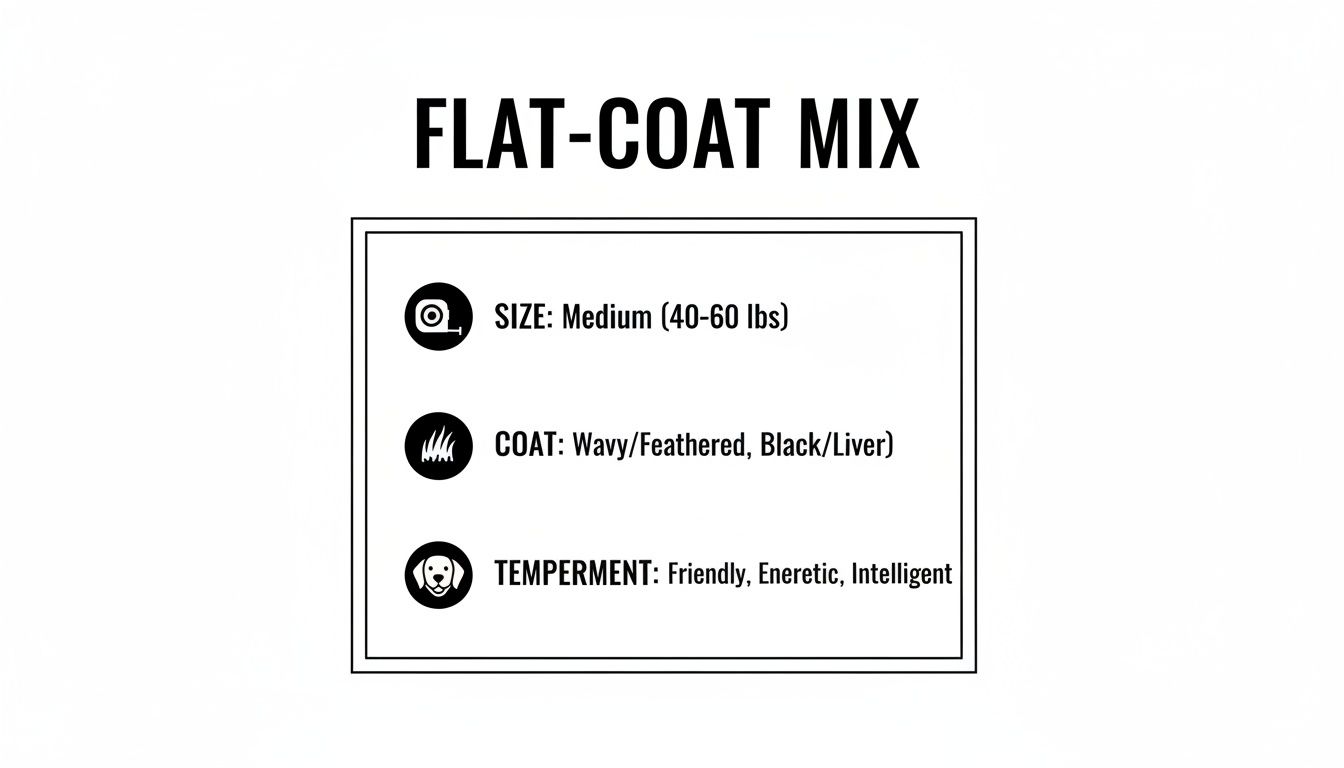 Details for a Flat-Coat Mix dog, including size, coat type, and temperament traits.