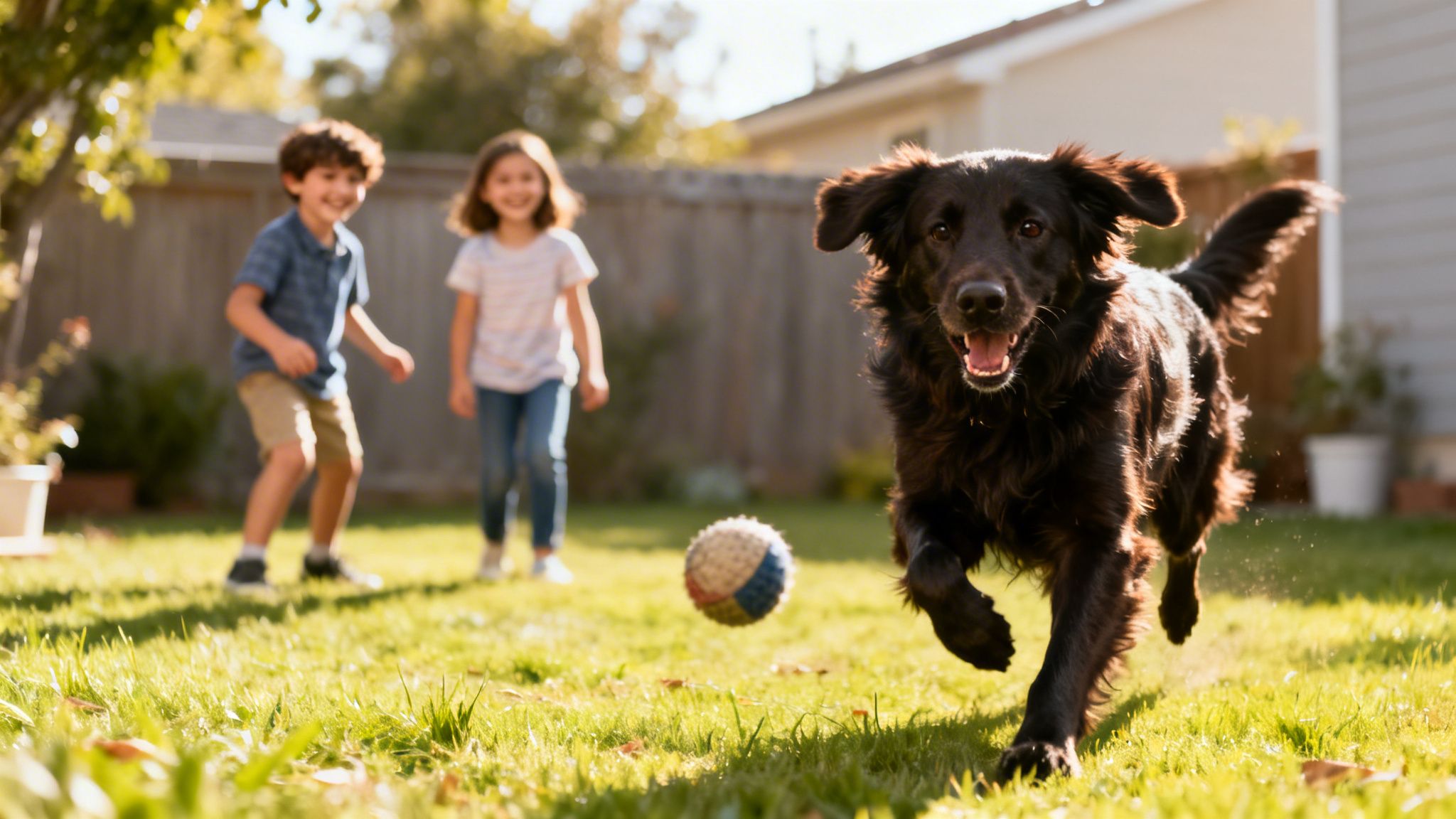 A happy black dog runs towards the camera in a sunny backyard with two smiling children.