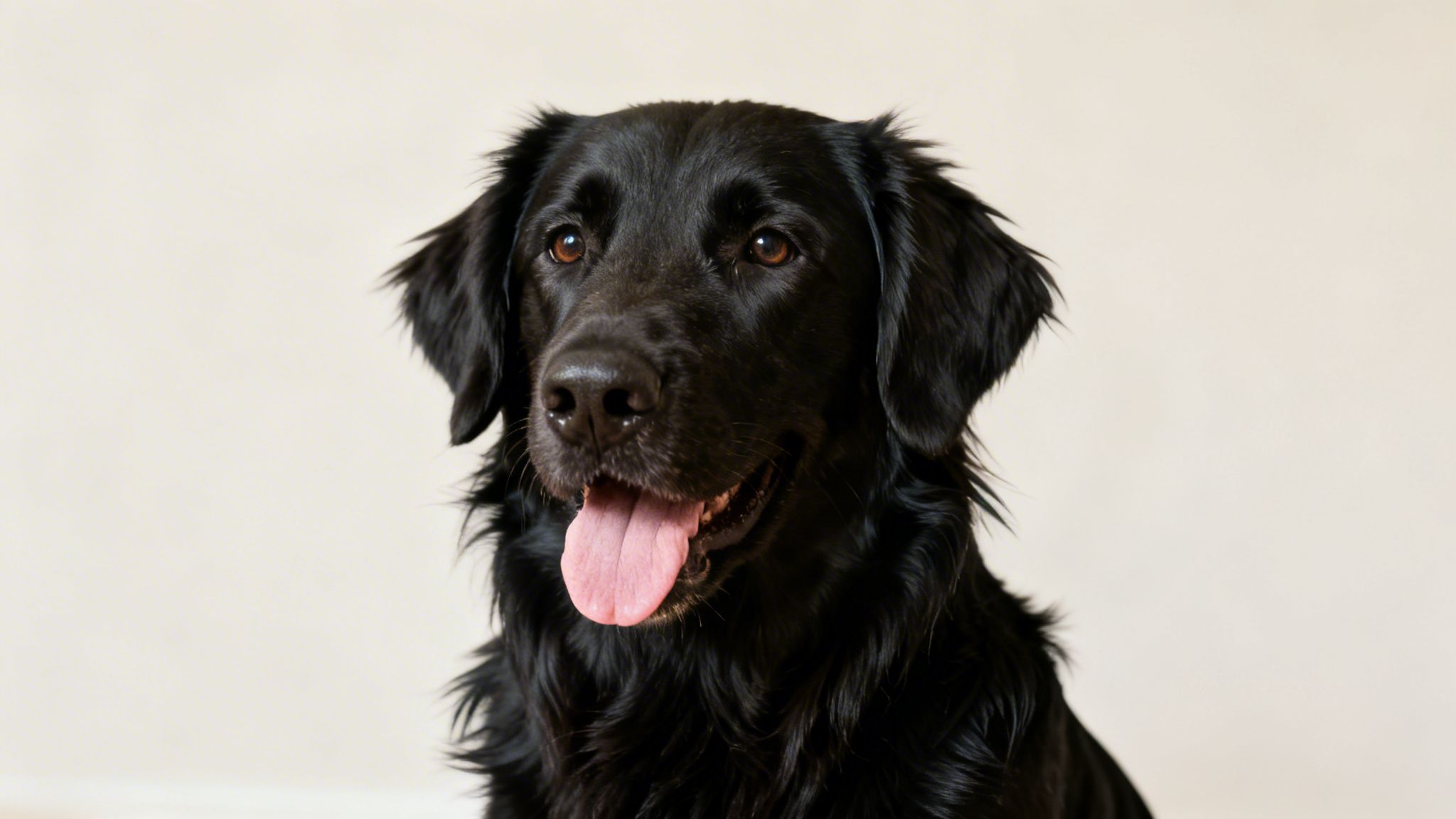 A beautiful black Flat-Coated Retriever mix dog with a pink tongue slightly out, looking attentive.