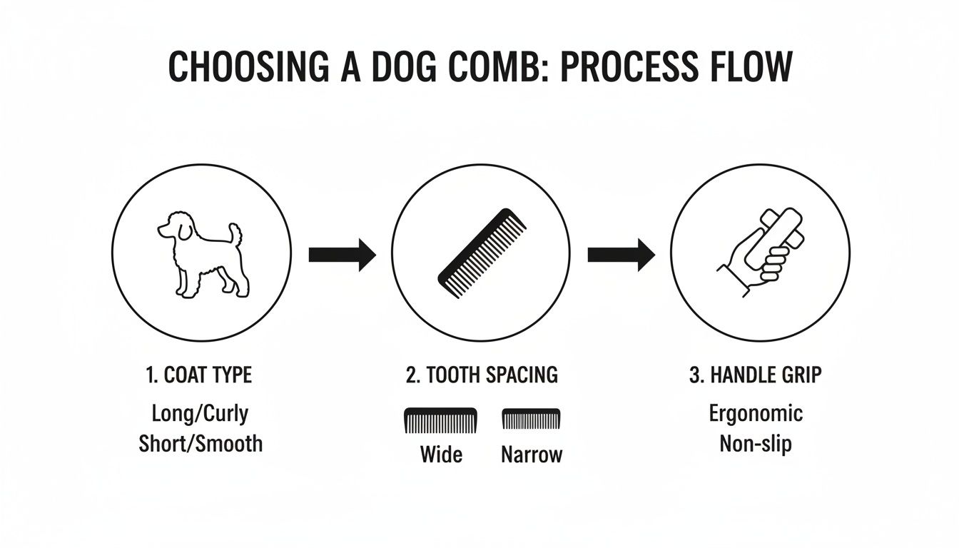 Process flow diagram showing how to choose a dog comb based on coat type, tooth spacing, and handle grip.