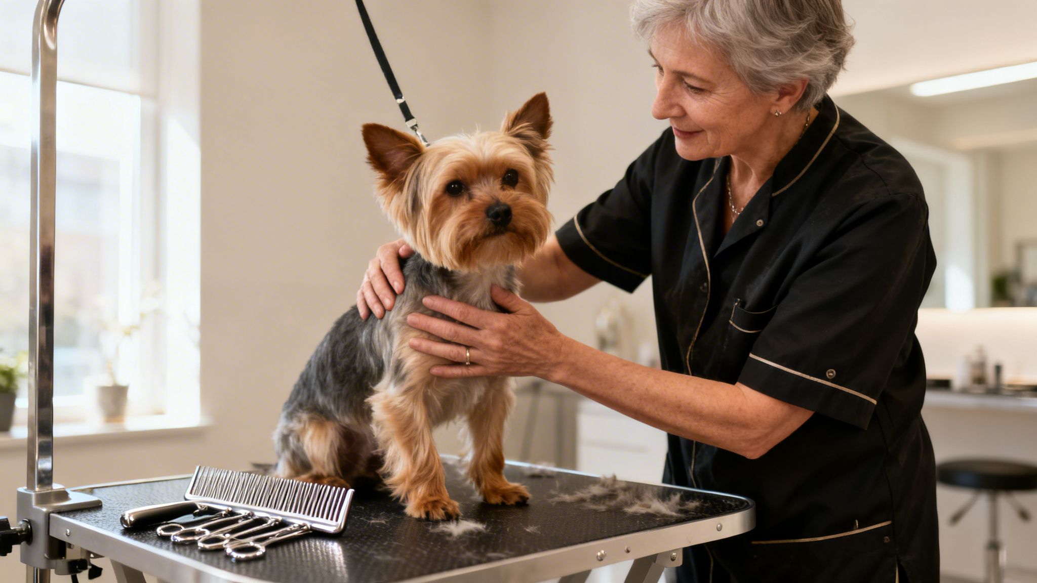 An elderly woman professionally grooming a small Yorkshire Terrier dog on a grooming table.