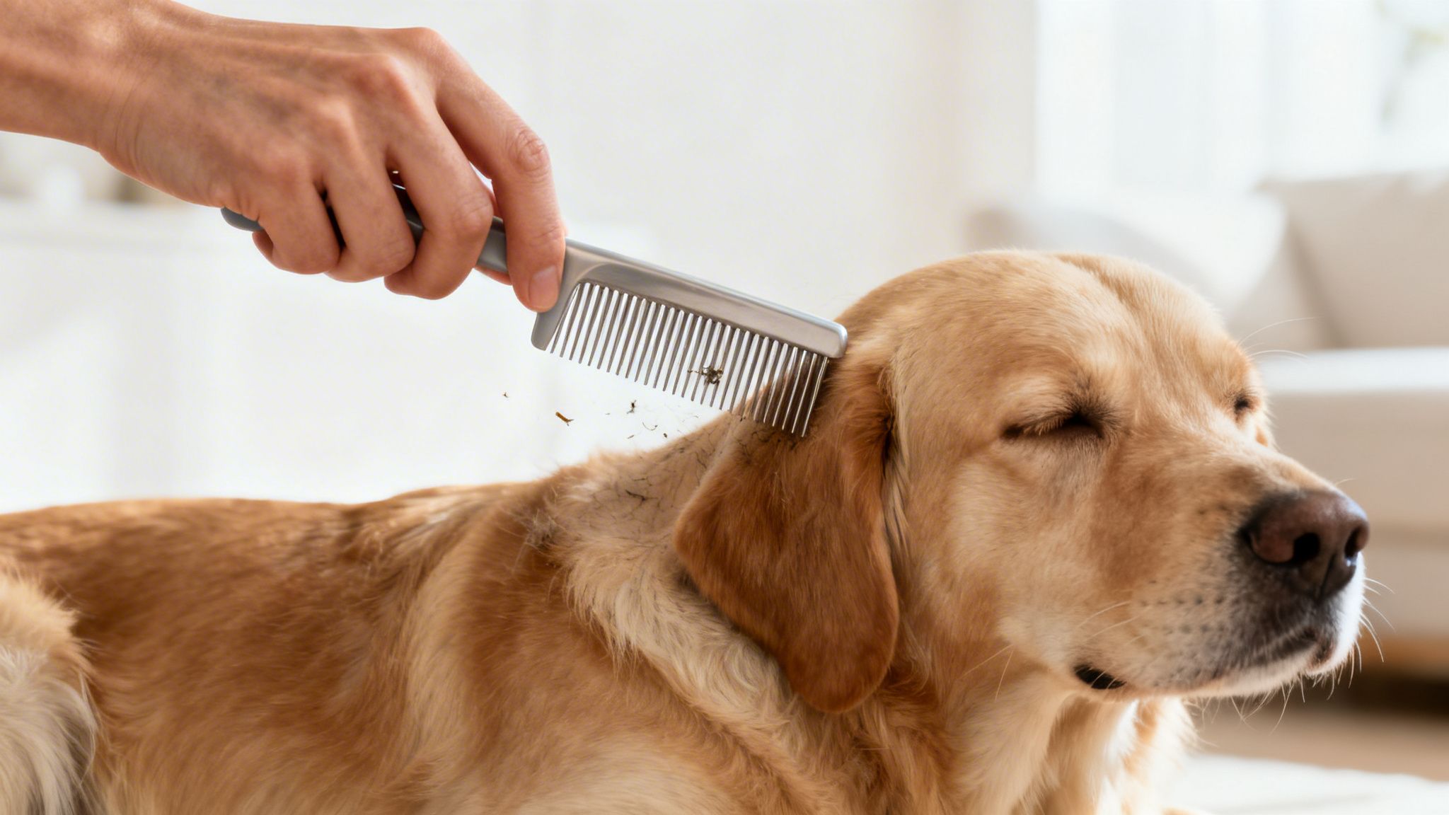 A person uses a flea comb on a golden retriever, removing debris and a small bug.