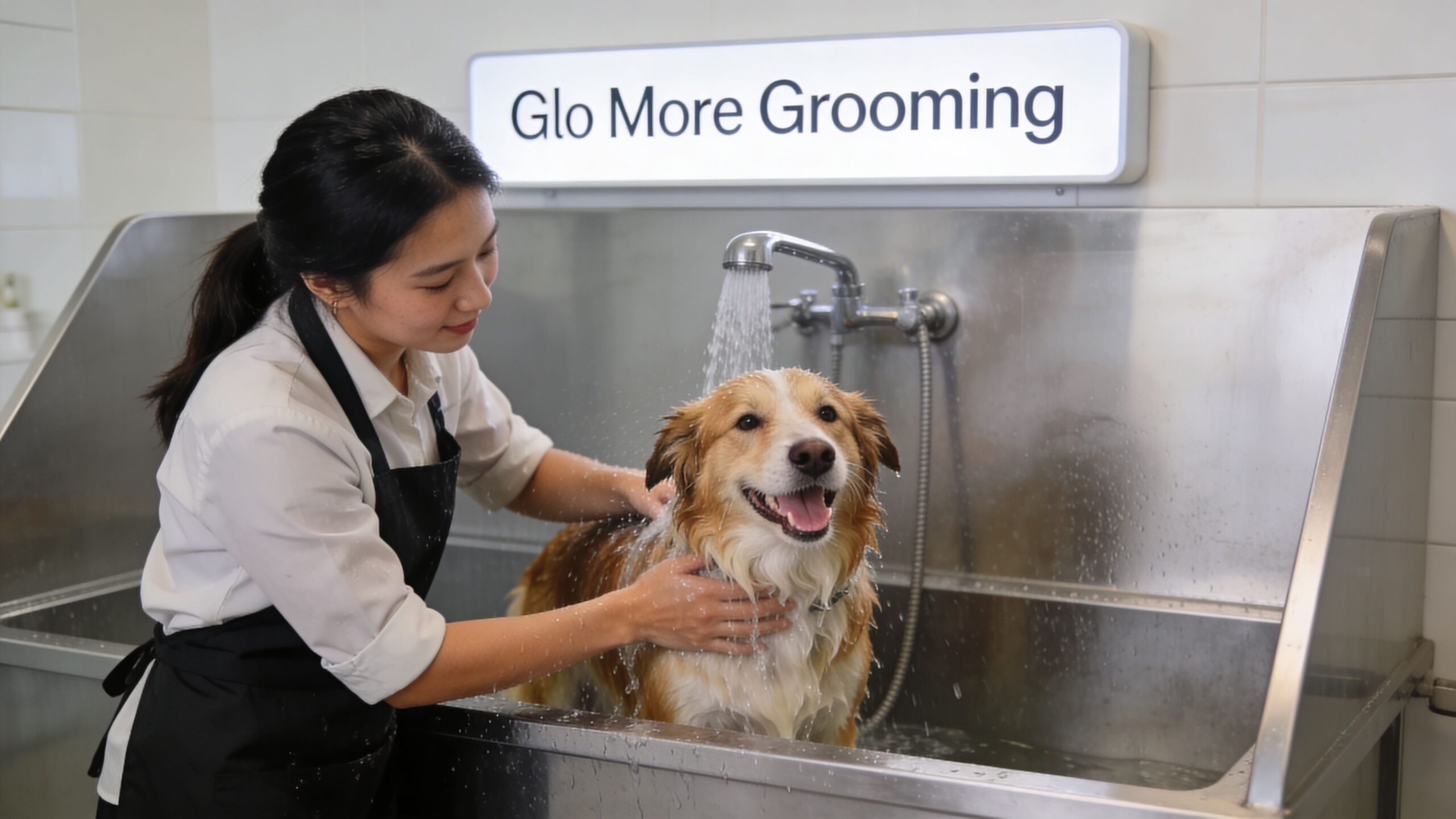 A professional groomer washing a happy golden retriever in a stainless steel sink at a grooming salon.