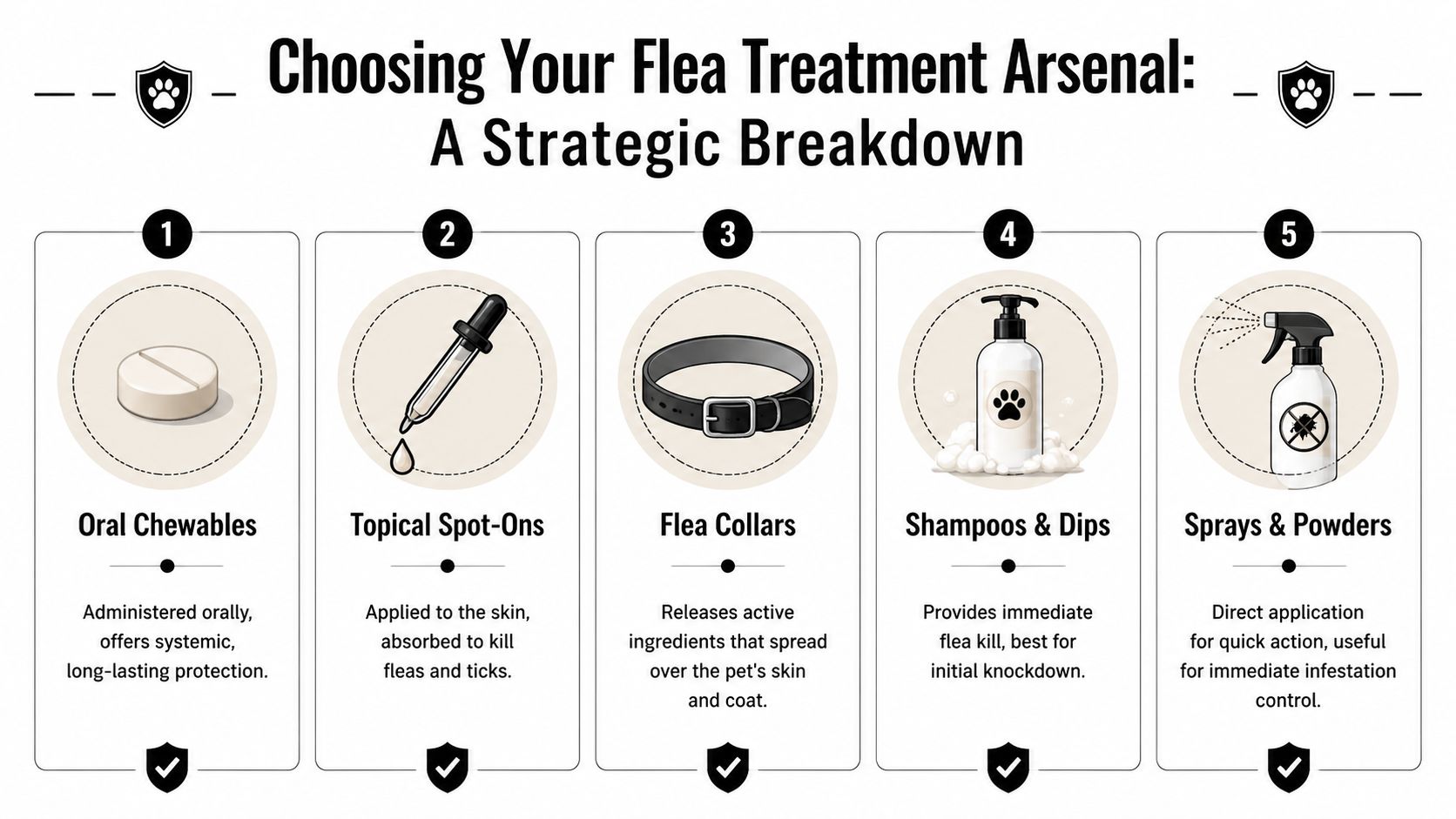 An infographic showing five common types of flea treatment options for pets with brief descriptive labels.