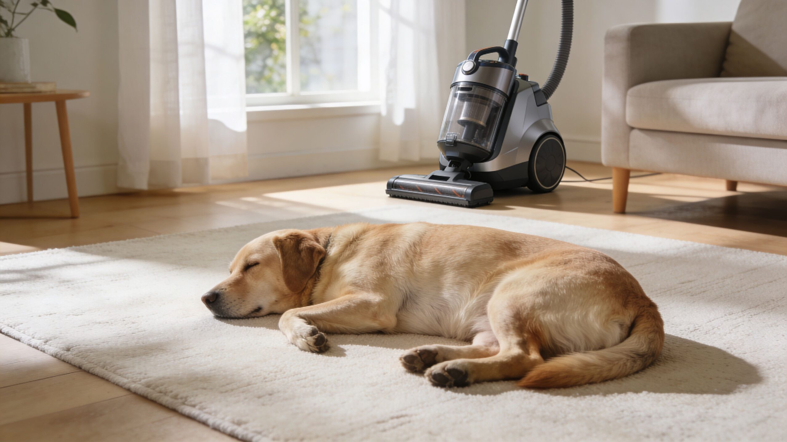 A golden Labrador dog sleeping peacefully on a rug near a vacuum cleaner in a bright living room.
