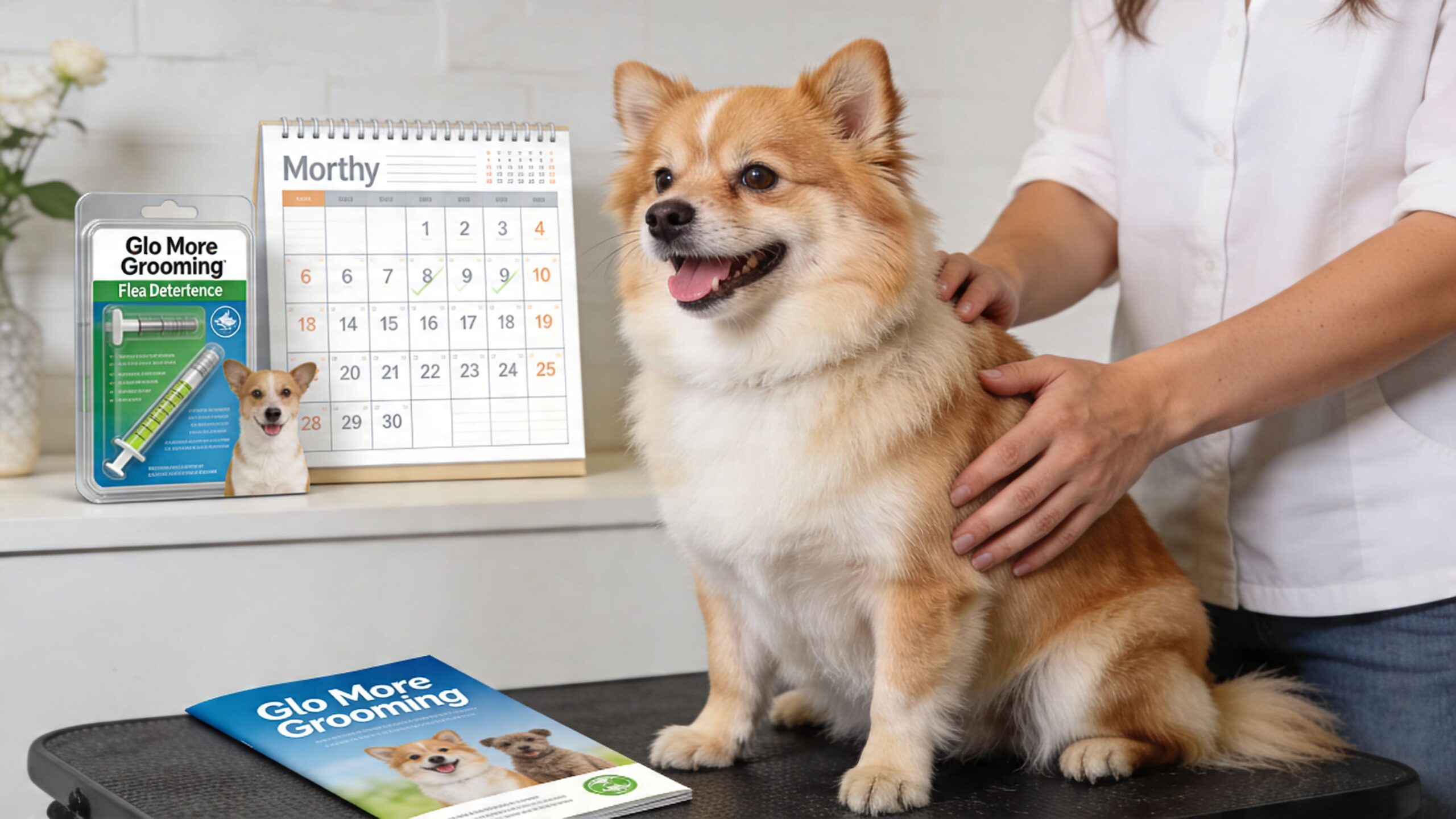 A groomer prepares to apply flea treatment to a small dog while a calendar displays treatment dates.