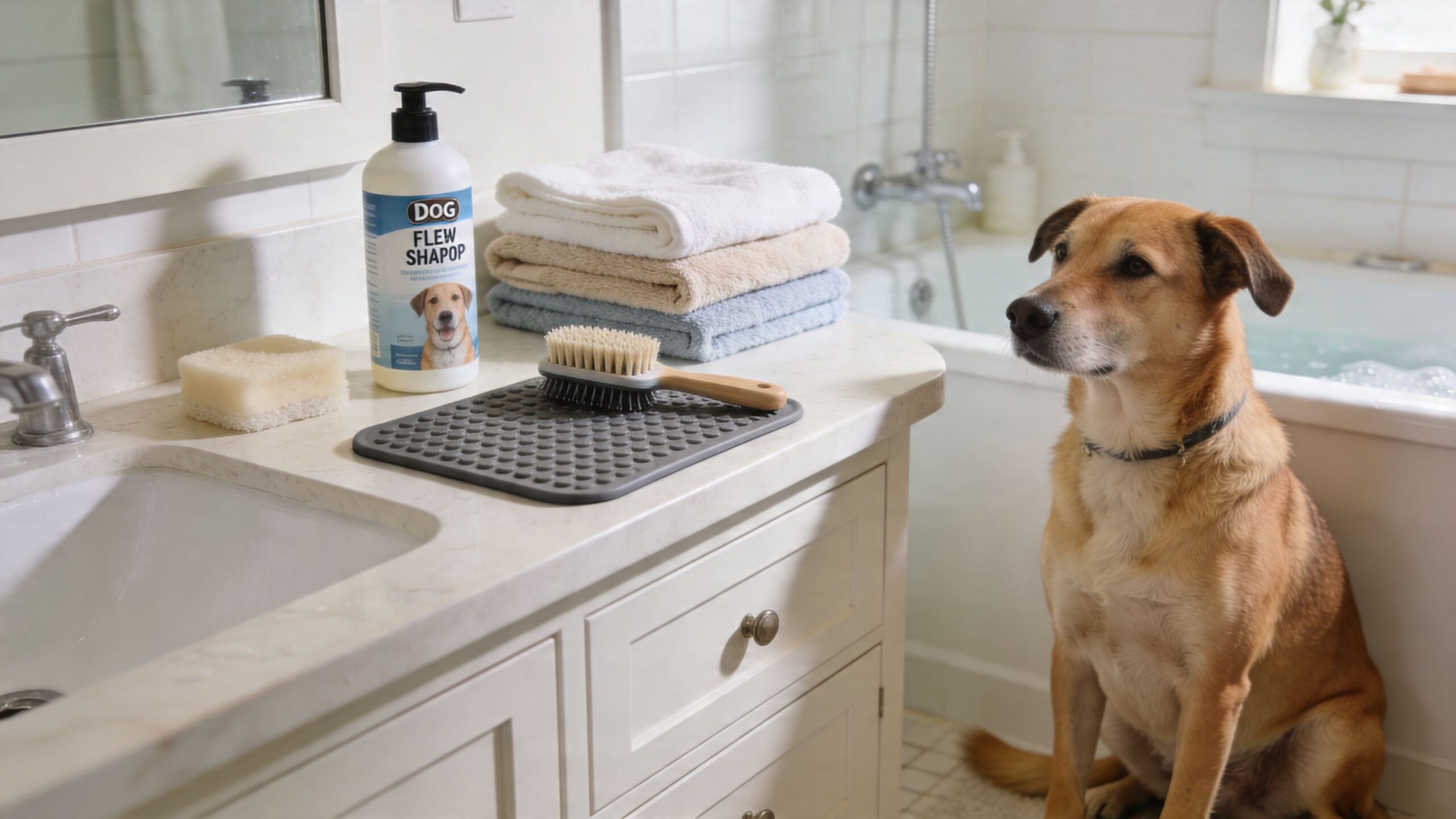 A tan dog sits beside a bathroom counter with shampoo, towels, and a grooming brush nearby.
