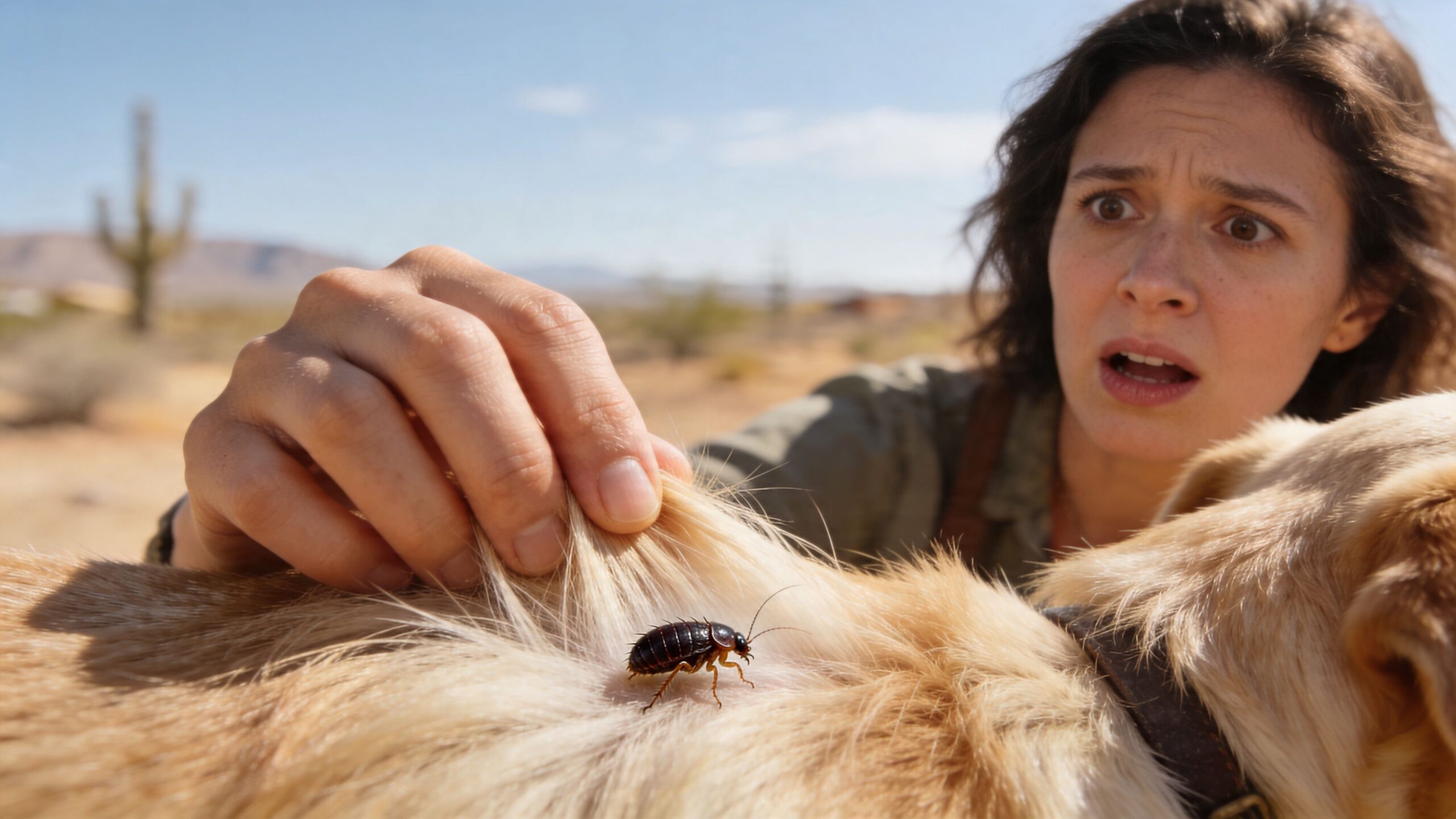 A concerned woman finds a large parasite on her dog's fur in a dry, desert environment.