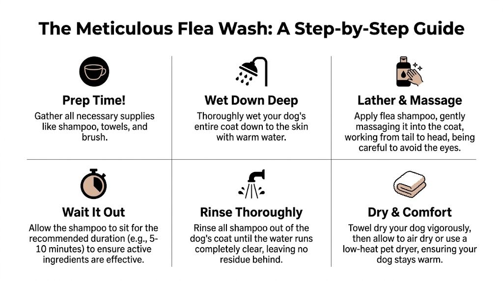 A six-step infographic guide illustrating the proper procedure for washing a dog with flea shampoo.