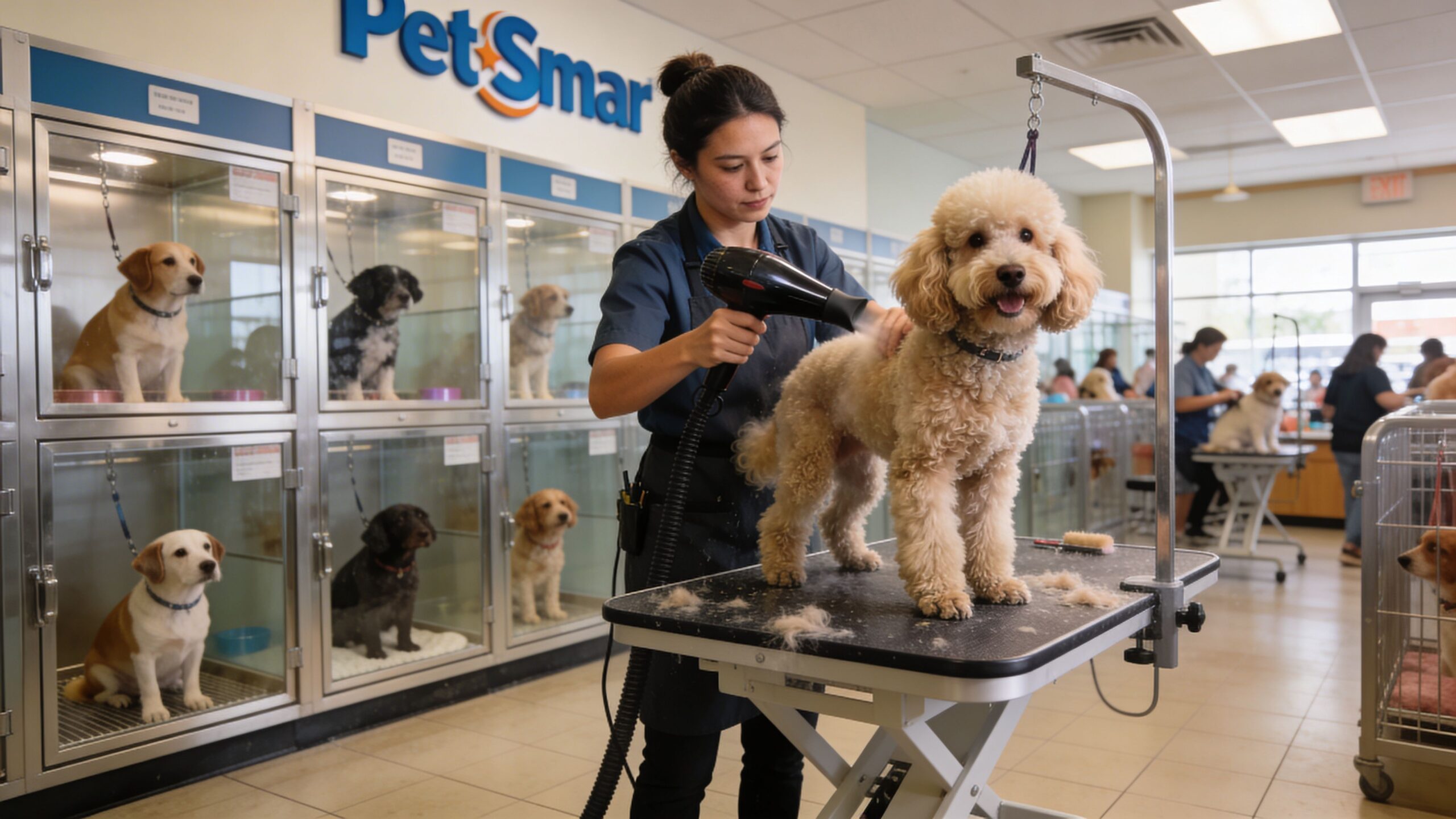 A professional groomer uses a blow dryer to dry a fluffy poodle at a PetSmart grooming salon.
