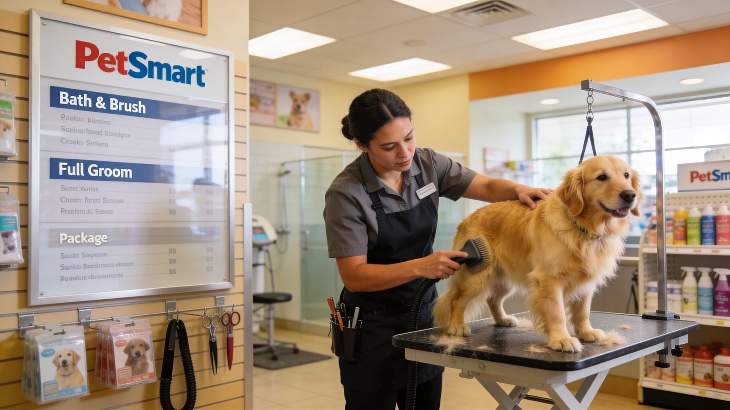 A professional groomer in a gray uniform uses a brush to groom a golden retriever at PetSmart.