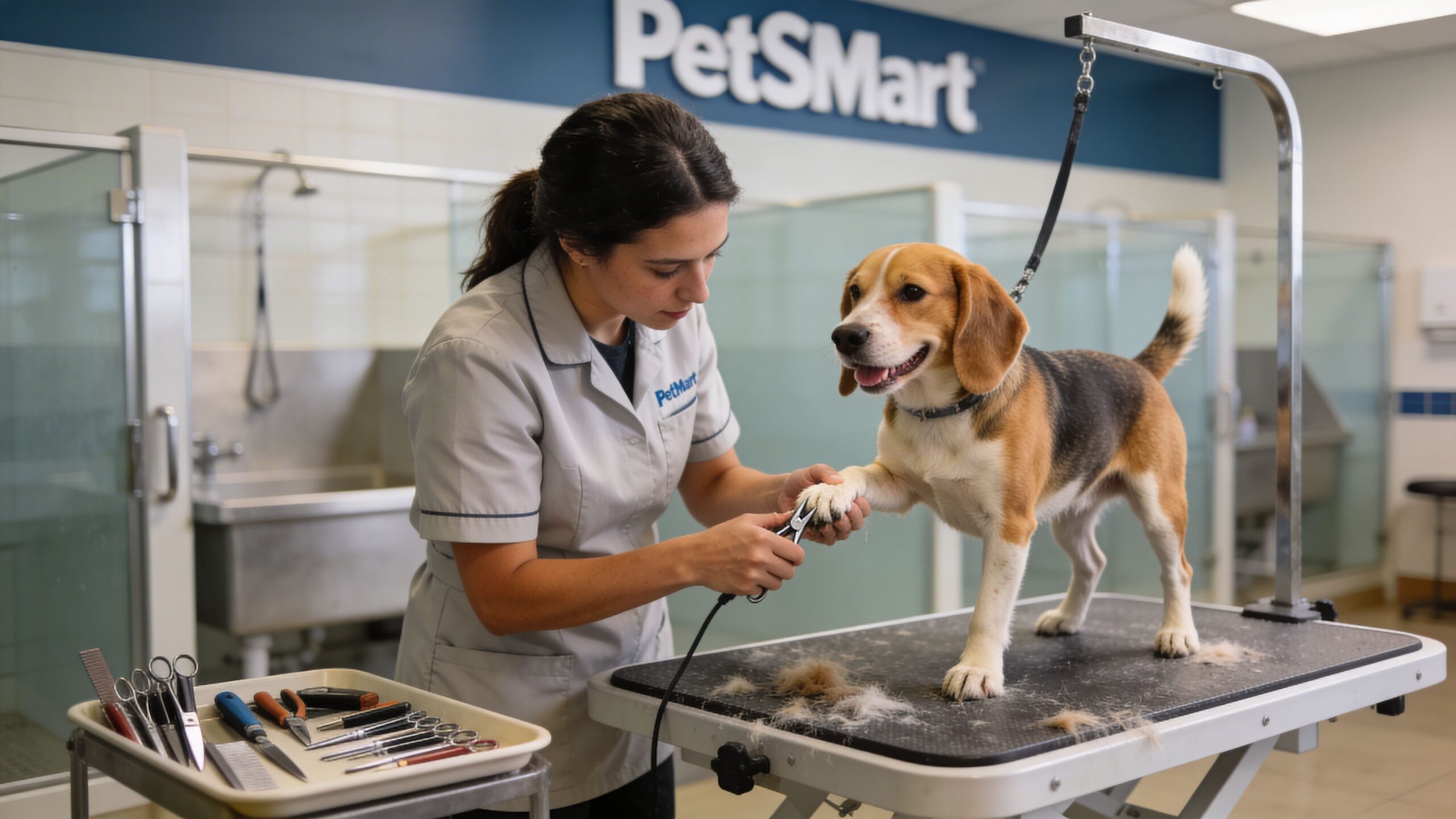 A professional groomer trims the nails of a beagle standing on a grooming table at PetSmart.