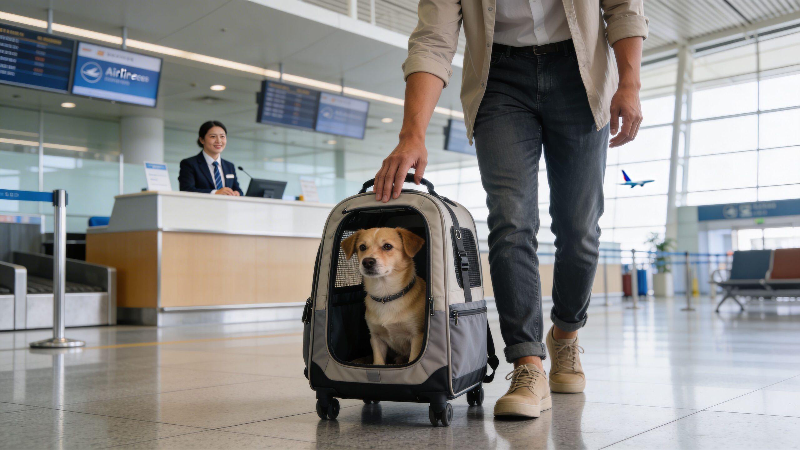 A traveler walking through an airport terminal pulling a rolling pet carrier containing a small dog.