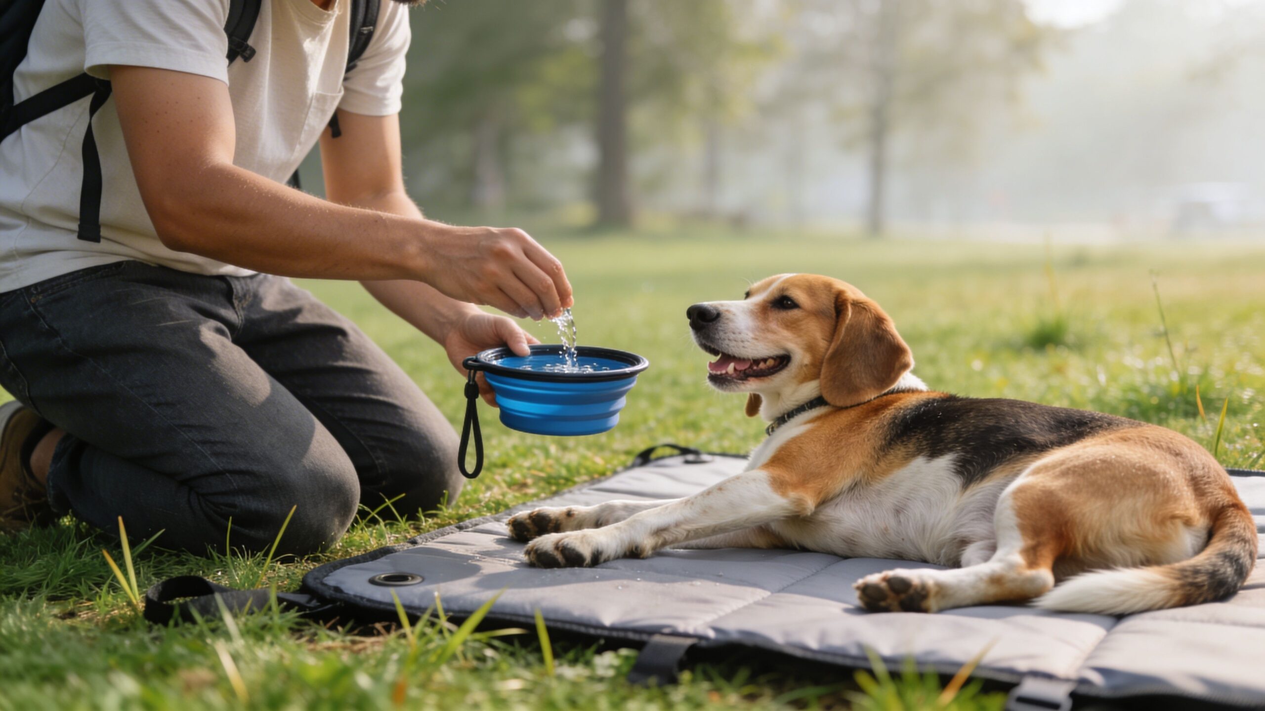 A person kneeling on the grass pouring water from a bottle into a blue bowl for a beagle.