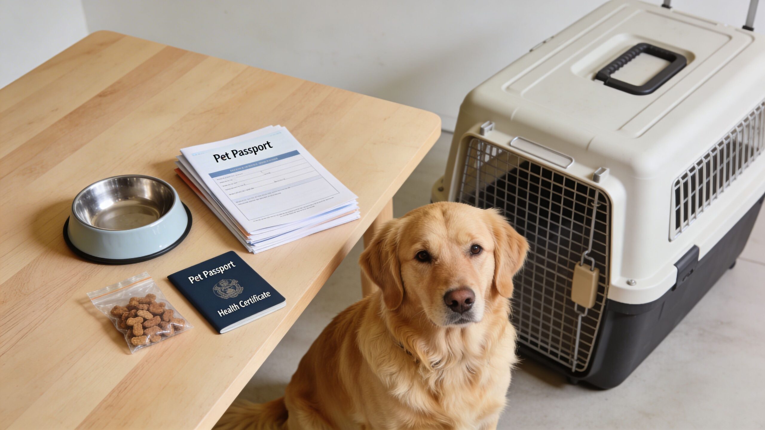 A golden retriever sitting next to a pet travel crate, pet passport, and dog food on a table.