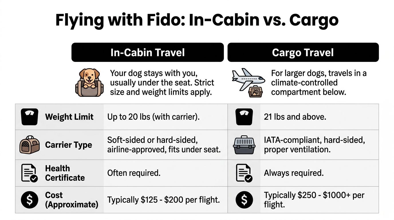 A comparison chart outlining differences between in-cabin and cargo air travel for dogs, including requirements and costs.