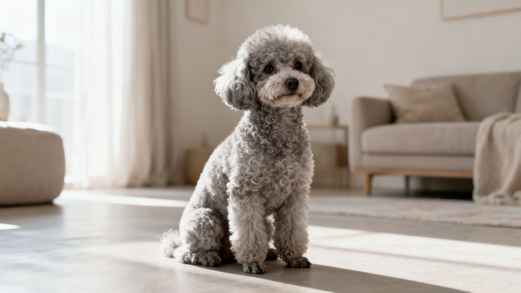 A cute gray miniature poodle sits peacefully on a sunlit floor in a bright living room.