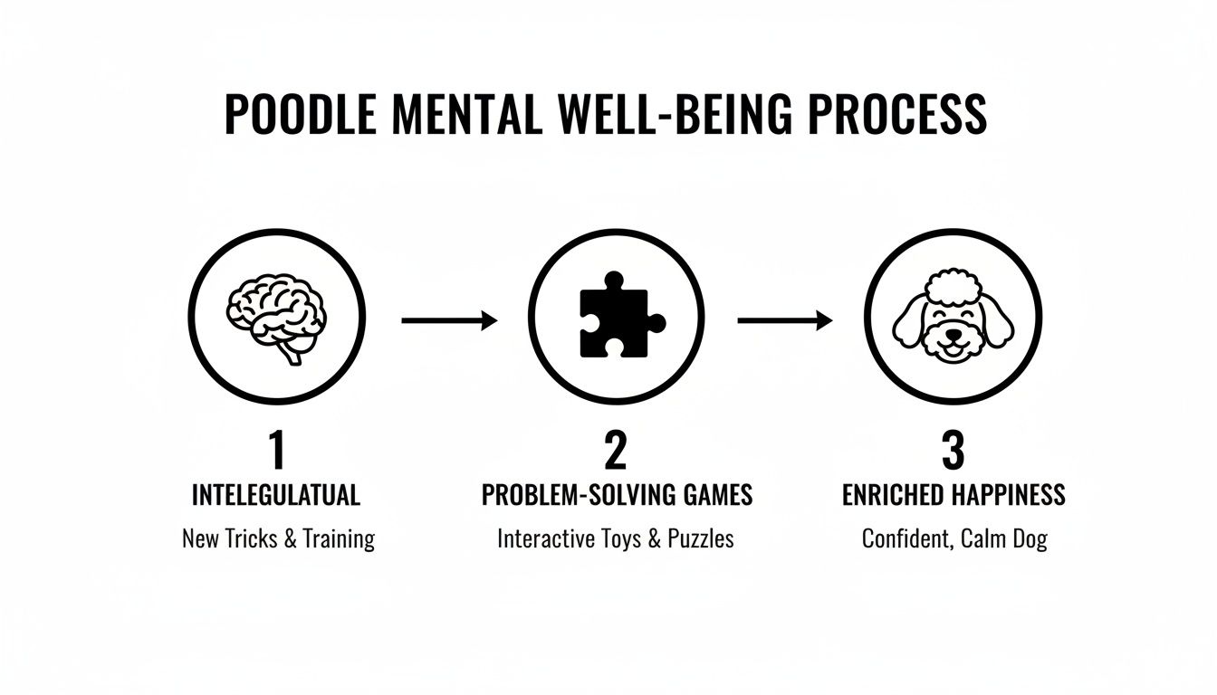Infographic showing a three-step process for poodle mental well-being and happiness.