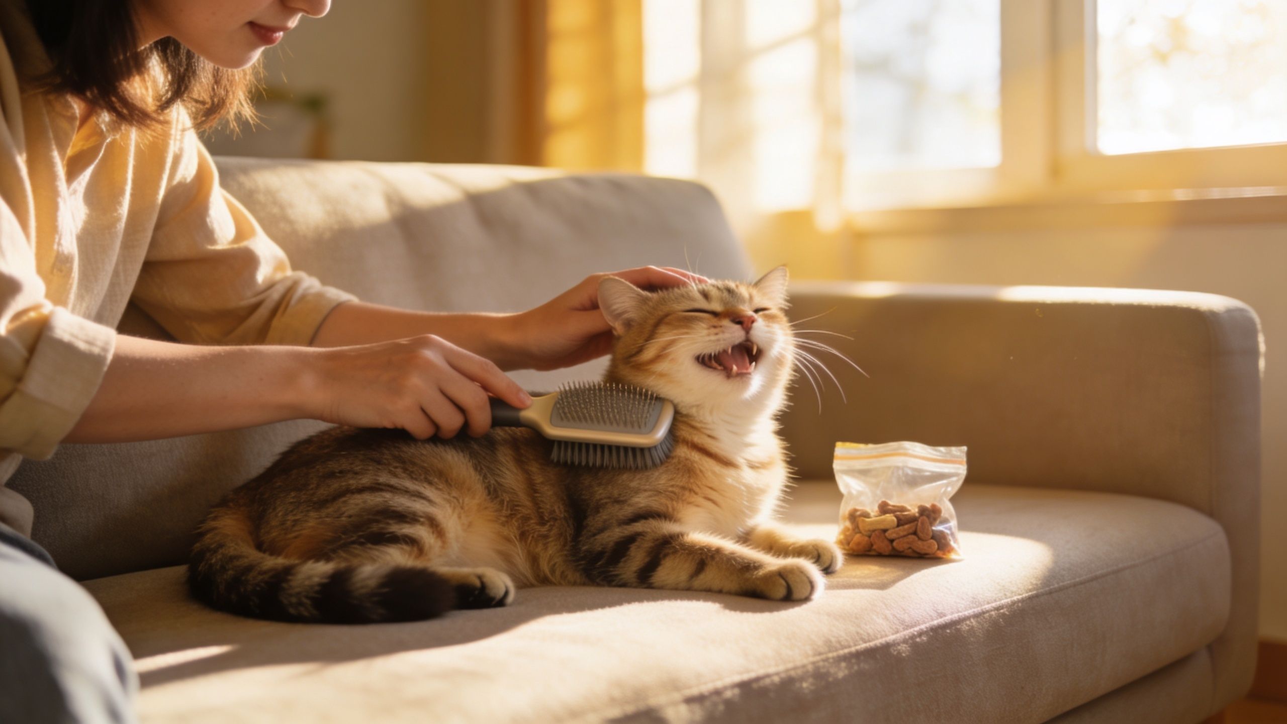 A person lovingly brushes a happy, smiling tabby cat while sitting together on a soft couch.