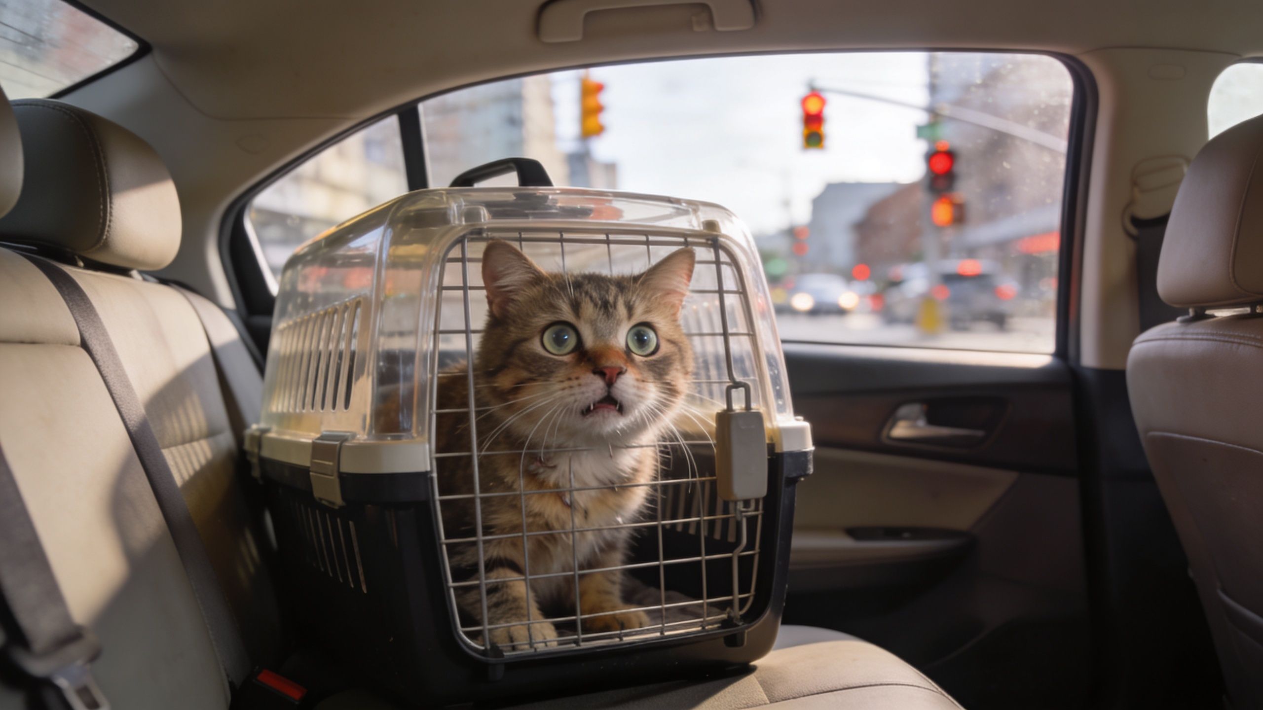 A surprised tabby cat sitting inside a clear plastic pet carrier on the backseat of a moving car.