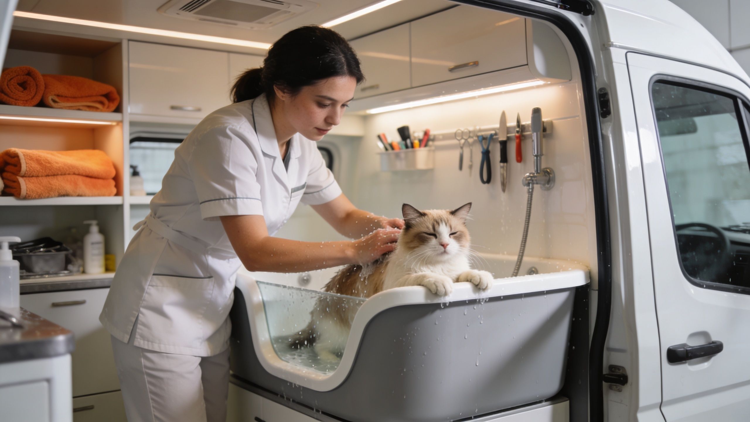 A professional groomer in a white uniform gently washing a cat inside a mobile grooming van tub.