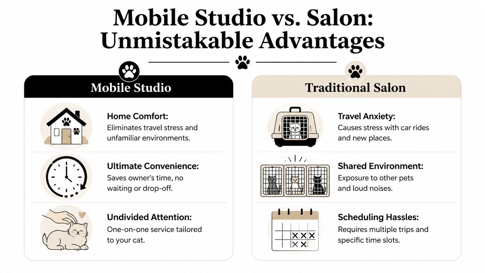A comparison chart showing the benefits of mobile cat grooming versus traditional salon services for pets.