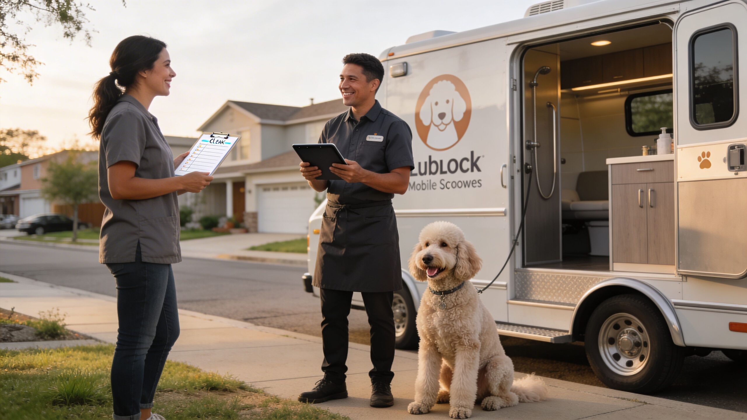 A professional mobile dog groomer interacting with a client beside their fully equipped grooming van and poodle.