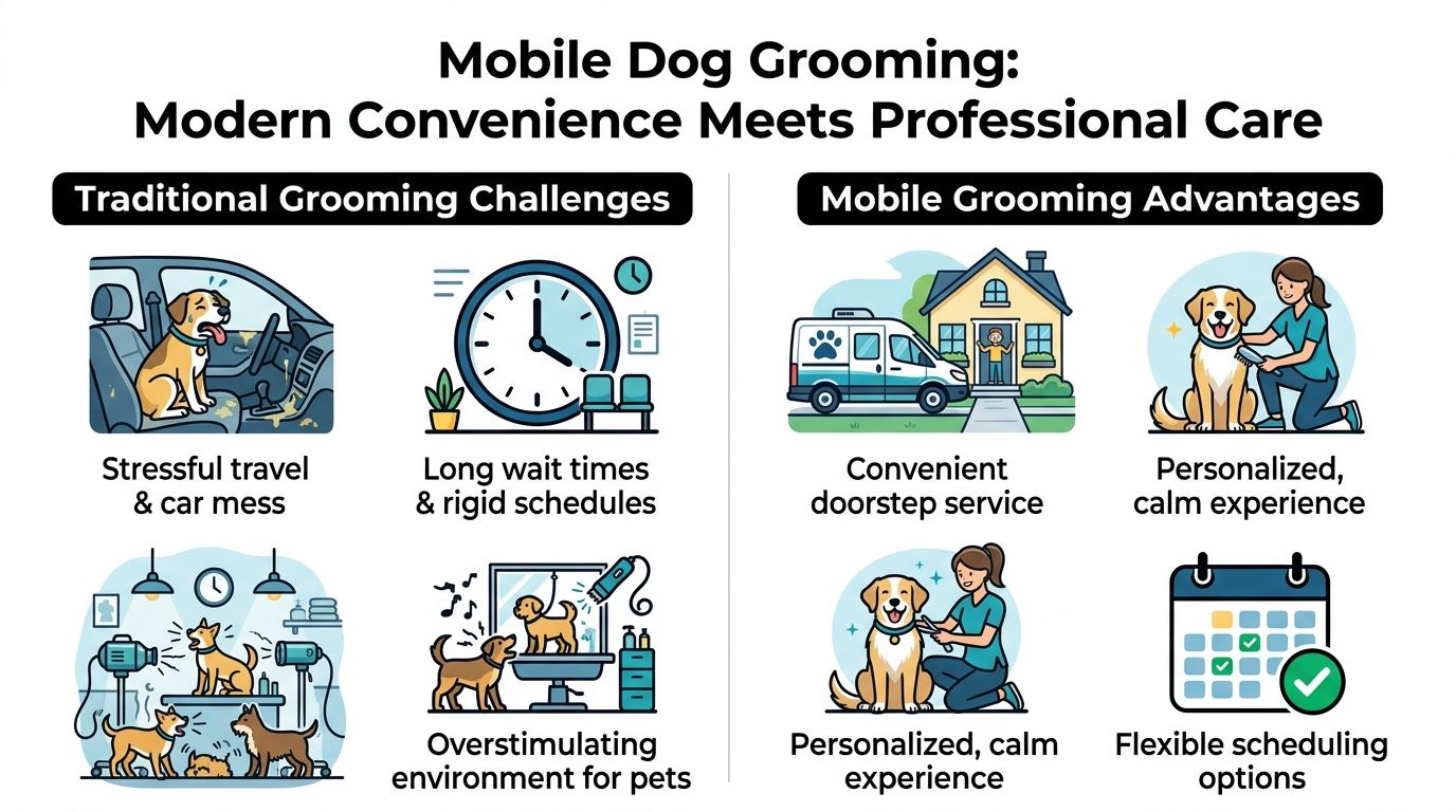 A comparison infographic showing the benefits of mobile dog grooming services over traditional pet grooming shop experiences.
