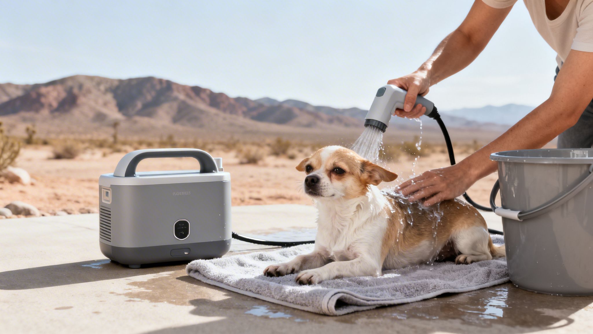 Person washing a small chihuahua dog outdoors with a portable pet washer in a desert.